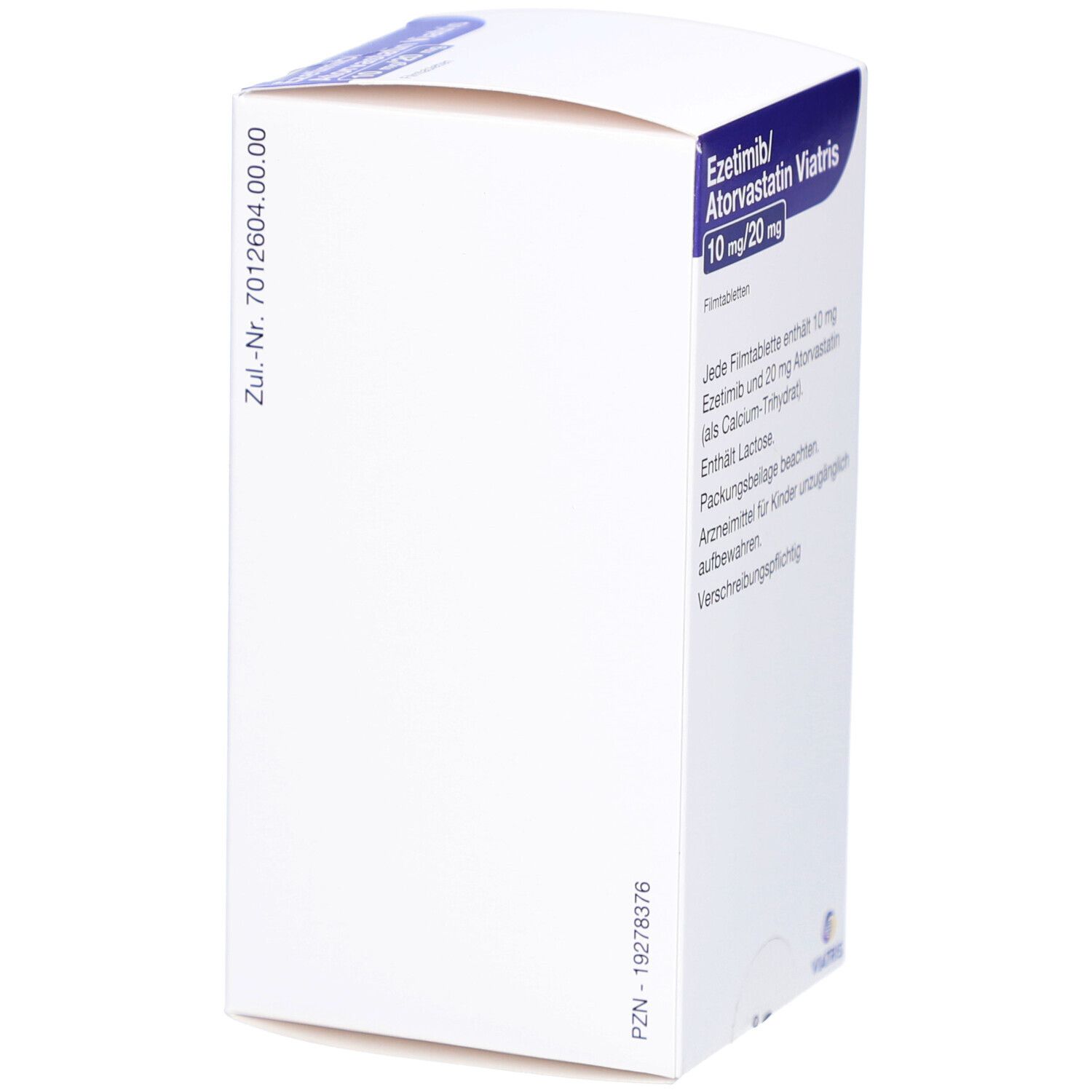 Rückseite der Schachtel "Ezetimib/Atorvastatin Viatris 10 mg/20 mg". Weiße Verpackung. PZN-Nummer.