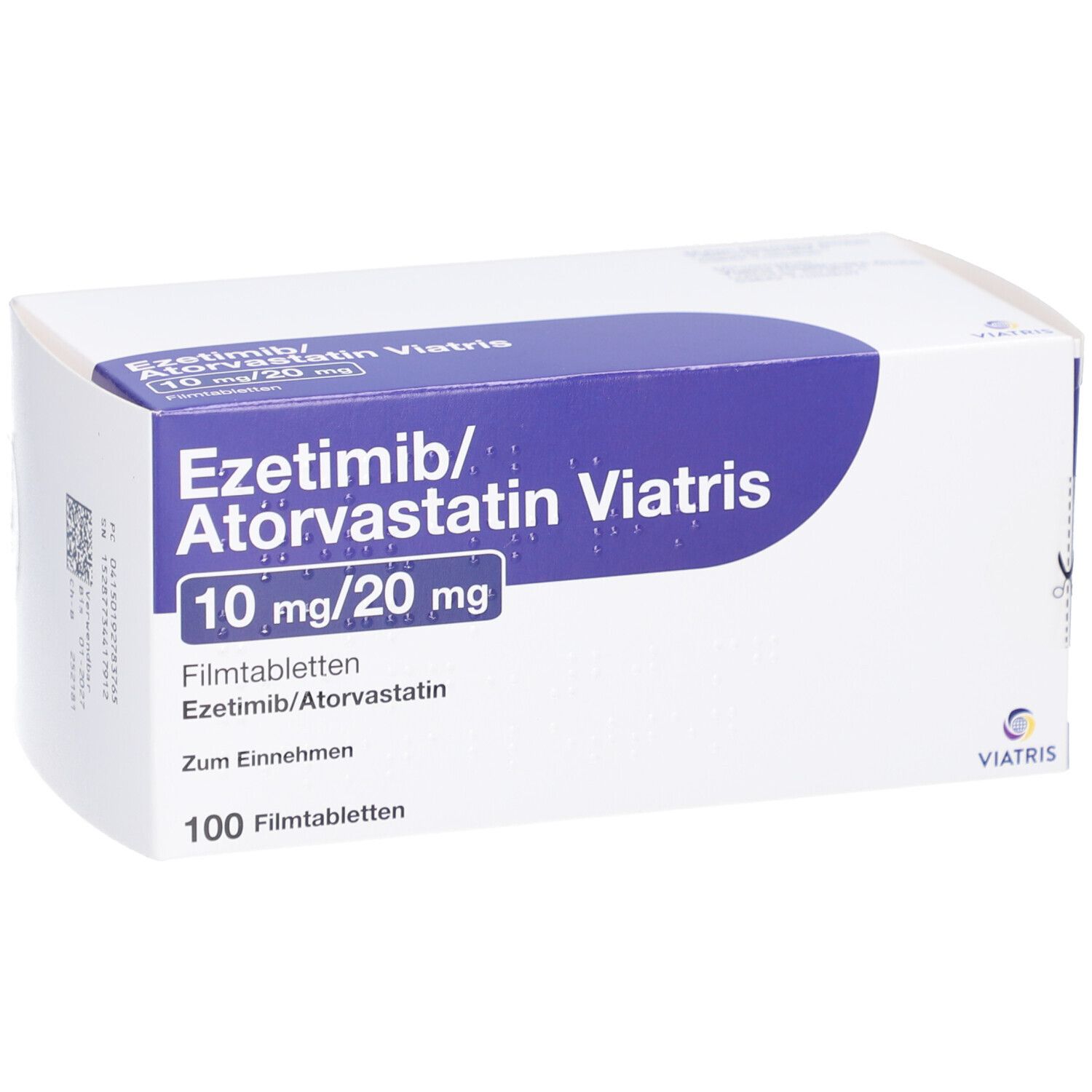 Schachtel "Ezetimib/Atorvastatin Viatris 10 mg/20 mg". Weiße Verpackung mit blauem Streifen. "100 Filmtabletten".