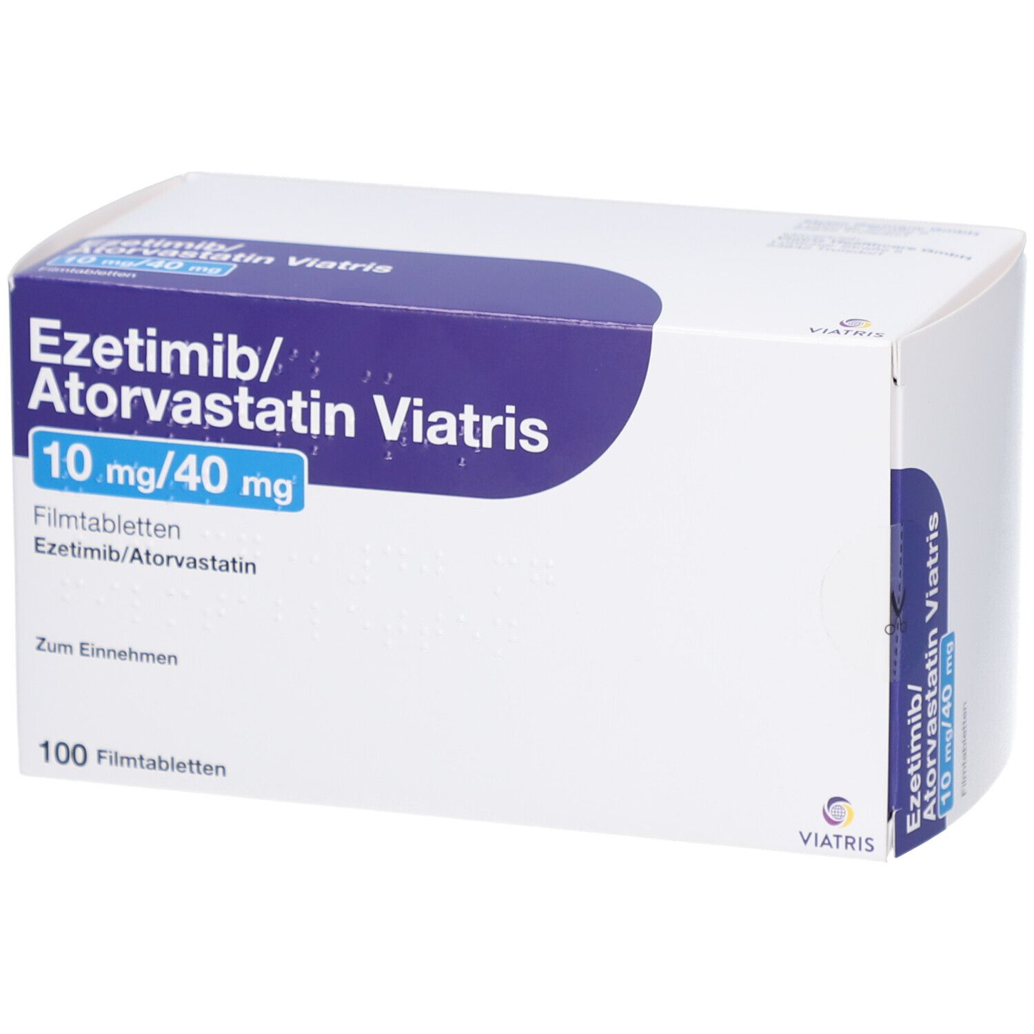 Schachtel mit EZETIMIB/Atorvastatin Viatris 10 mg/40 mg Filmtab. Blaue und weiße Verpackung. Text: 100 Filmtabletten.