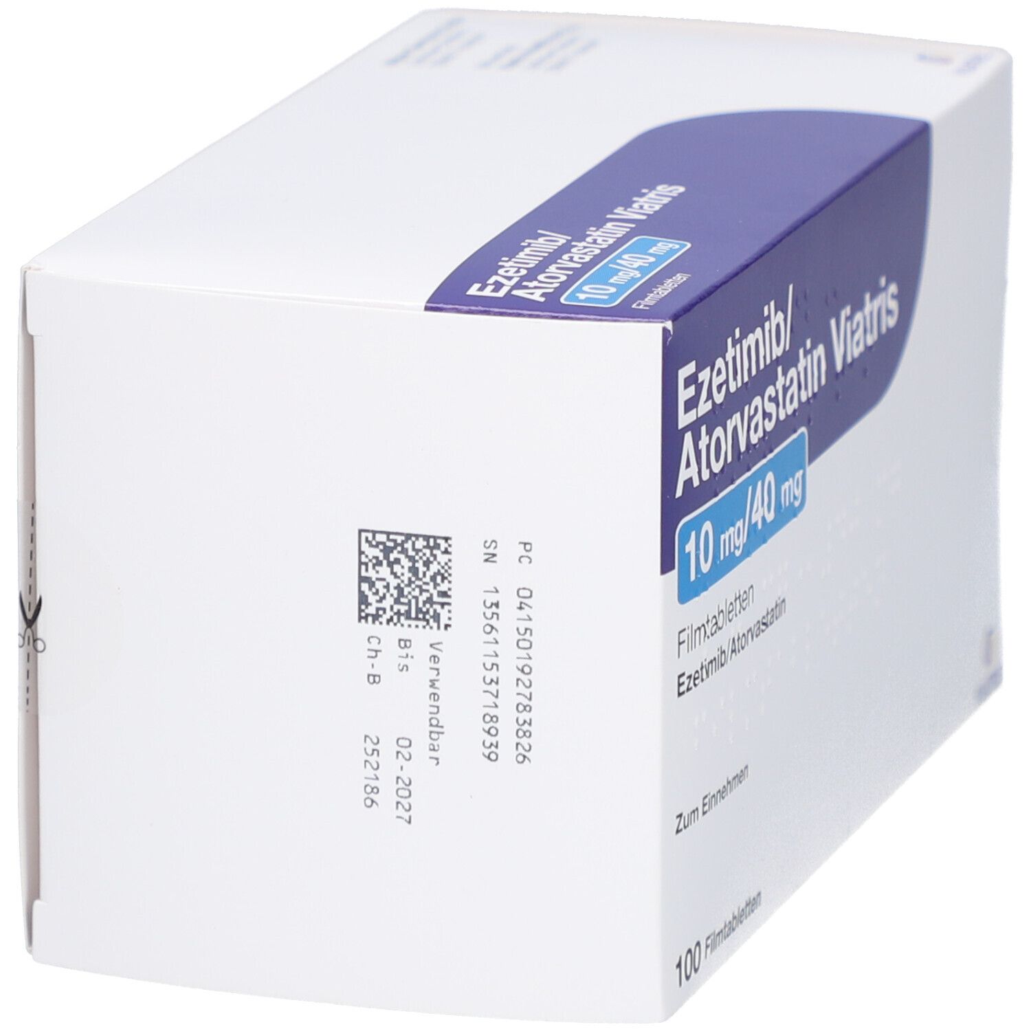 Schachtel EZETIMIB/Atorvastatin Viatris 10 mg/40 mg Filmtab. Weiße Schachtel mit blauer Beschriftung. QR-Code und Verfallsdatum.