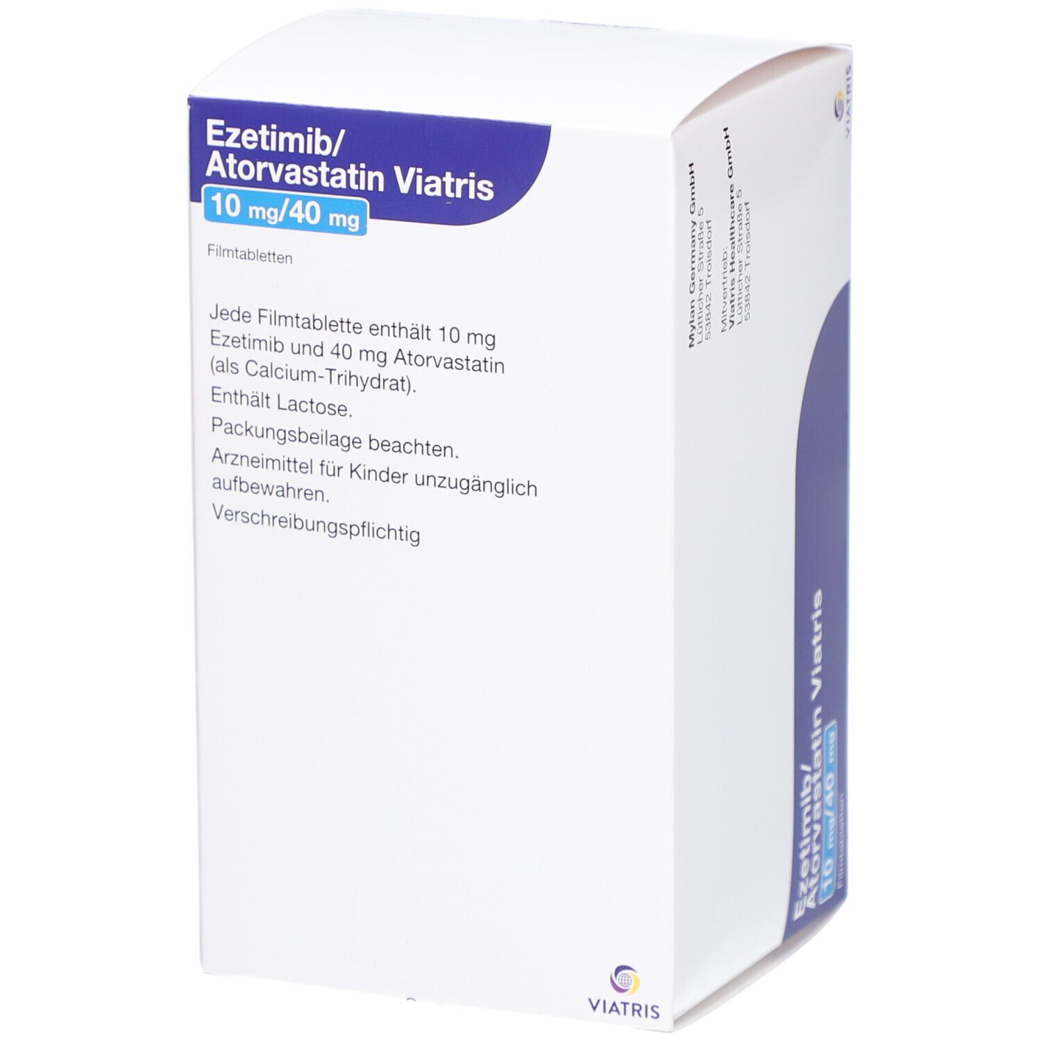 Schachtel EZETIMIB/Atorvastatin Viatris 10 mg/40 mg Filmtab. Weiße Schachtel mit blauer Beschriftung. Textinformationen auf der Seite.