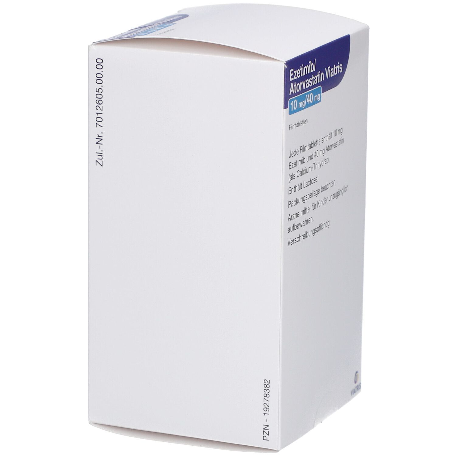 Weiße Schachtel mit blauer Beschriftung. EZETIMIB/Atorvastatin Viatris 10 mg/40 mg Filmtab. Textinformationen auf der Seite.