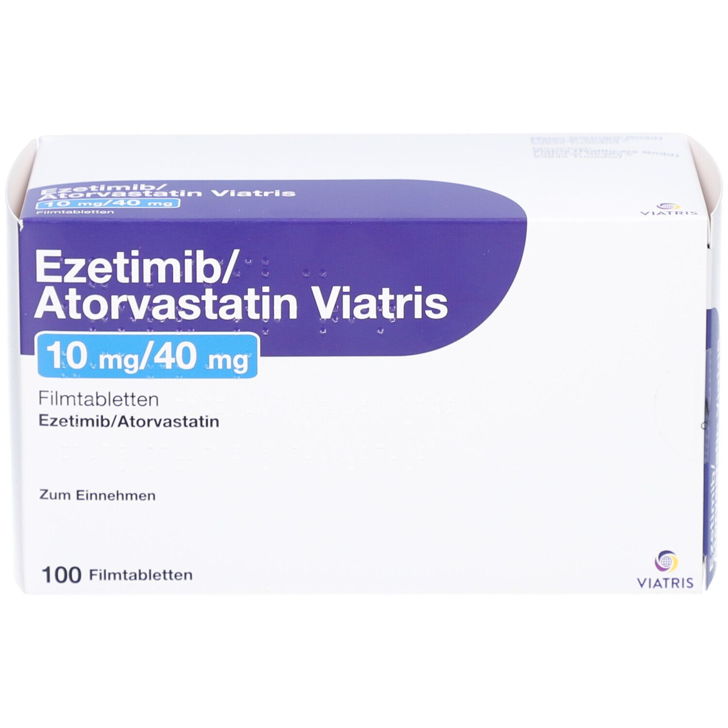 Schachtel EZETIMIB/Atorvastatin Viatris 10 mg/40 mg Filmtab. Blaue und weiße Verpackung. Text: 100 Filmtabletten.
