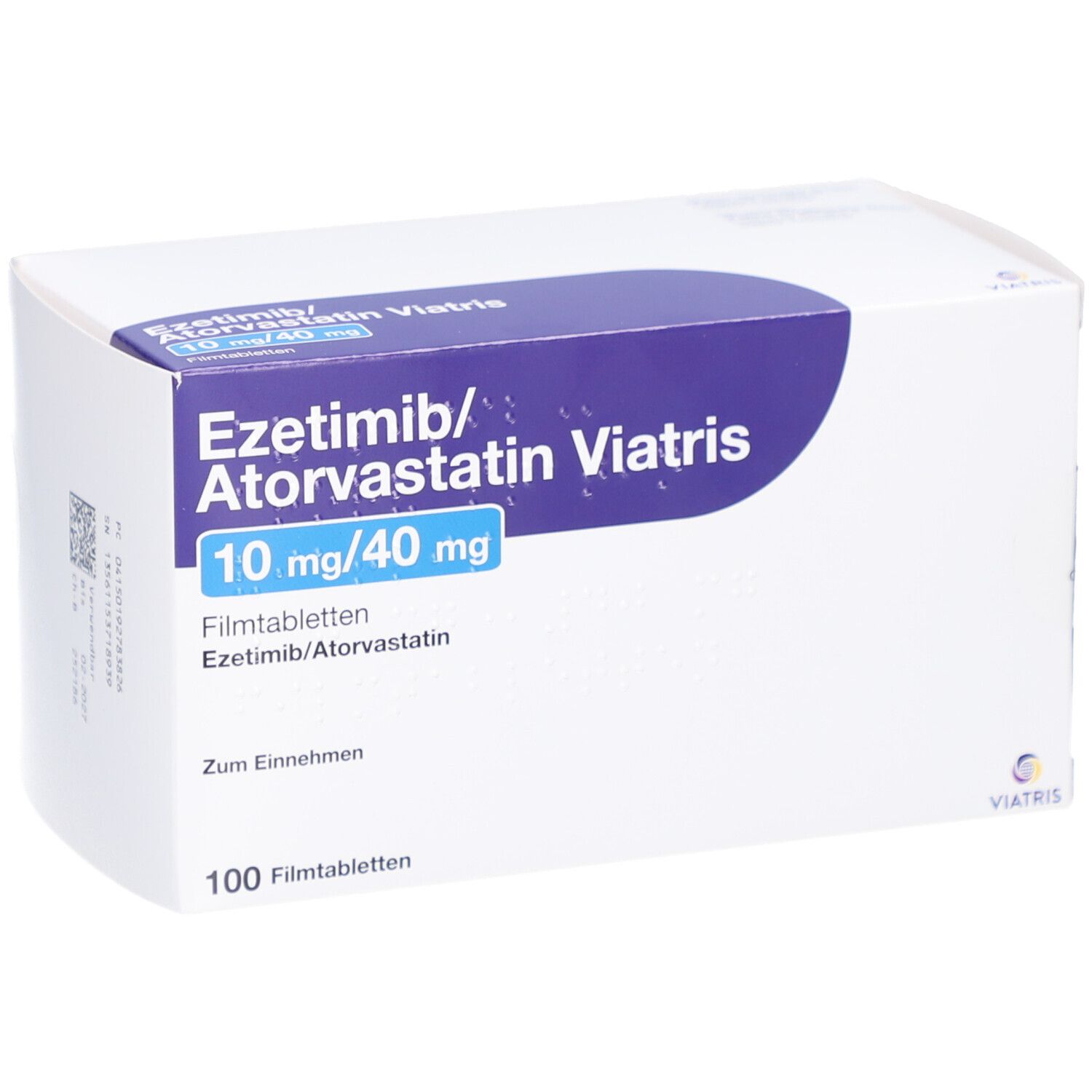 Schachtel EZETIMIB/Atorvastatin Viatris 10 mg/40 mg Filmtab. Blaue und weiße Verpackung. Text: 100 Filmtabletten.