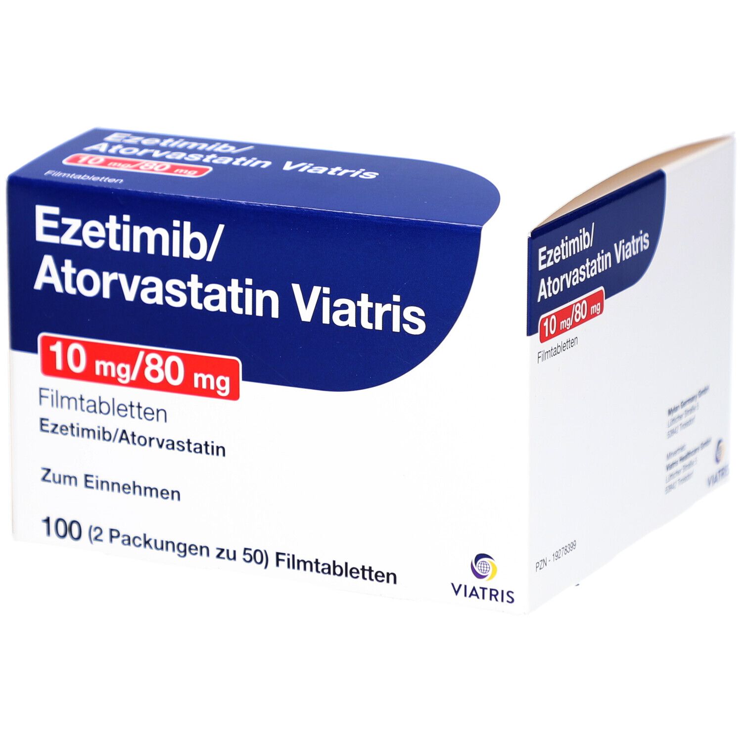 Verpackung von Ezetimib/Atorvastatin Viatris. Blaue und weiße Schachtel mit roter Beschriftung 10 mg/80 mg. Viatris Logo.