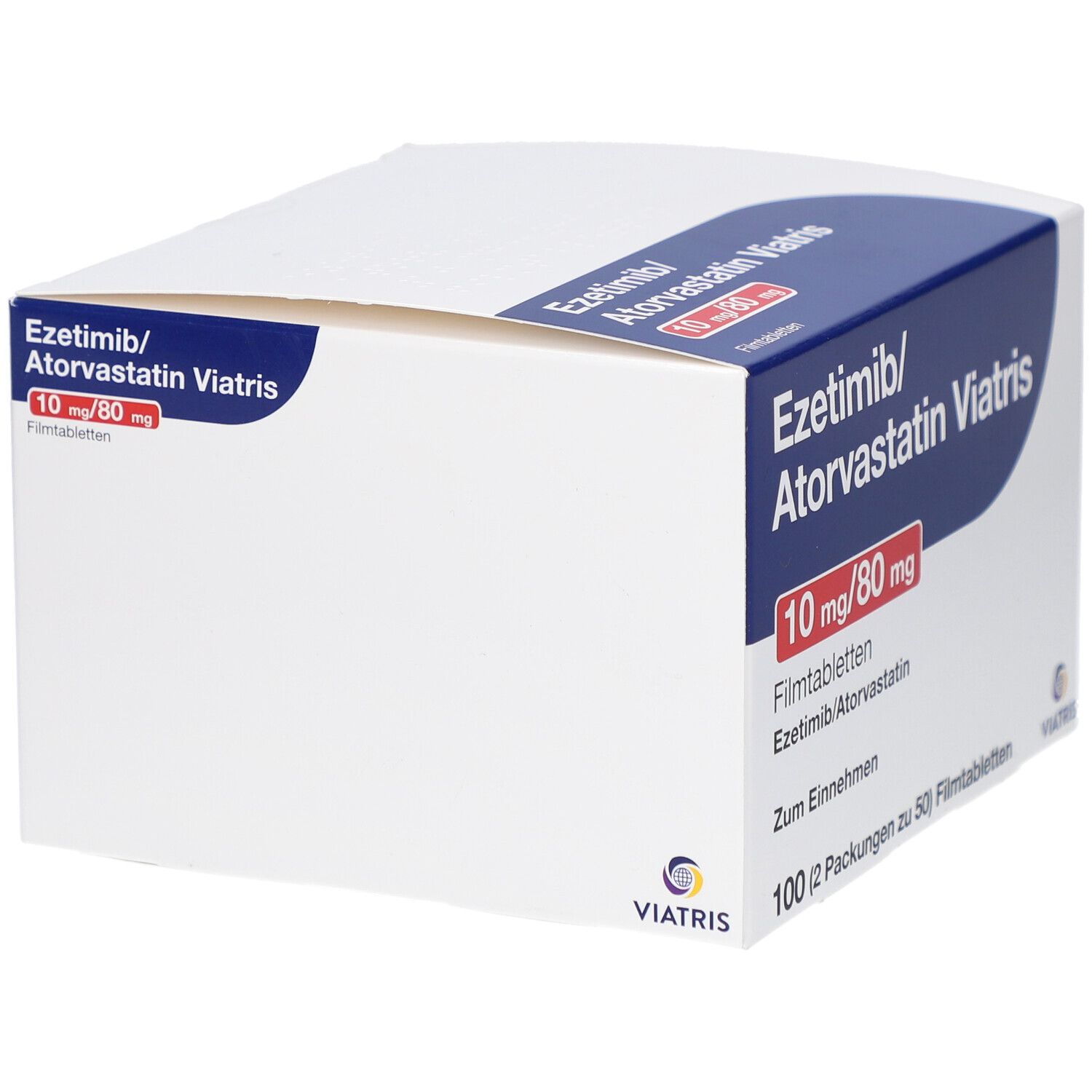 Weiße Schachtel von Ezetimib/Atorvastatin Viatris. Blaue Beschriftung mit roter Schrift 10 mg/80 mg. Viatris Logo.