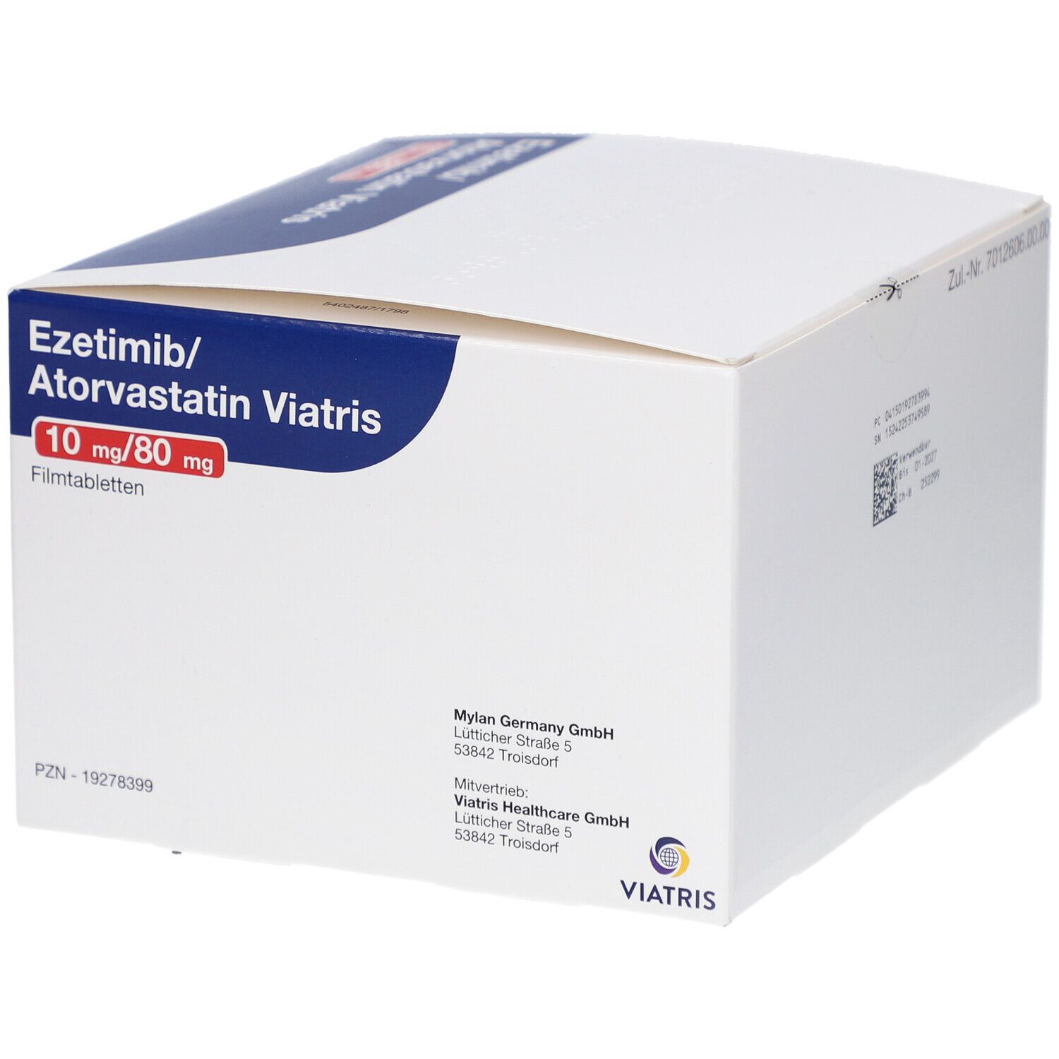 Weiße Schachtel von Ezetimib/Atorvastatin Viatris. Blaue Beschriftung mit roter Schrift 10 mg/80 mg. Viatris Logo.