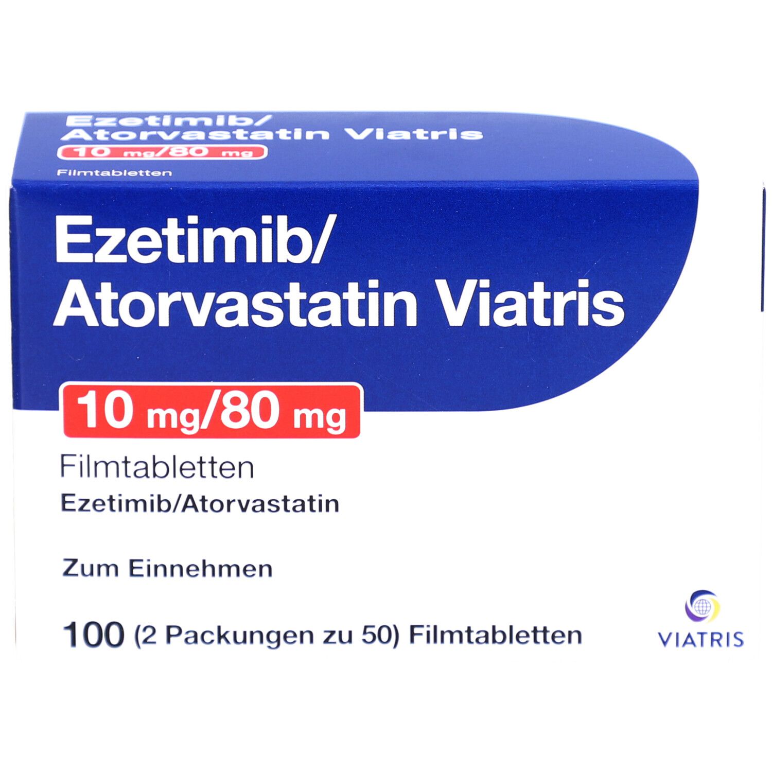 Blaue Schachtel von Ezetimib/Atorvastatin Viatris. Rote Schrift 10 mg/80 mg. Viatris Logo. 100 Filmtabletten.