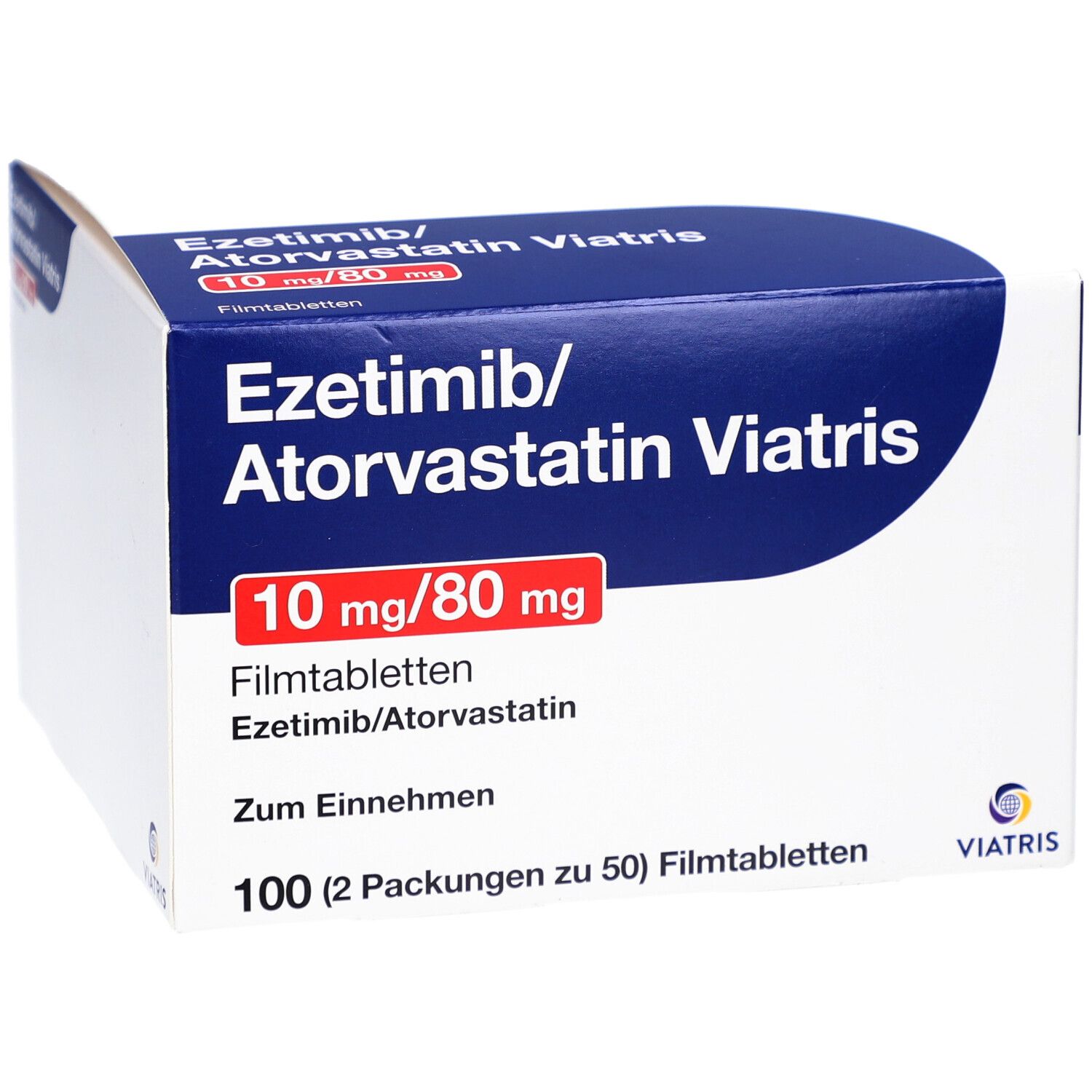 Blaue Schachtel von Ezetimib/Atorvastatin Viatris. Rote Schrift 10 mg/80 mg. Viatris Logo. 100 Filmtabletten.