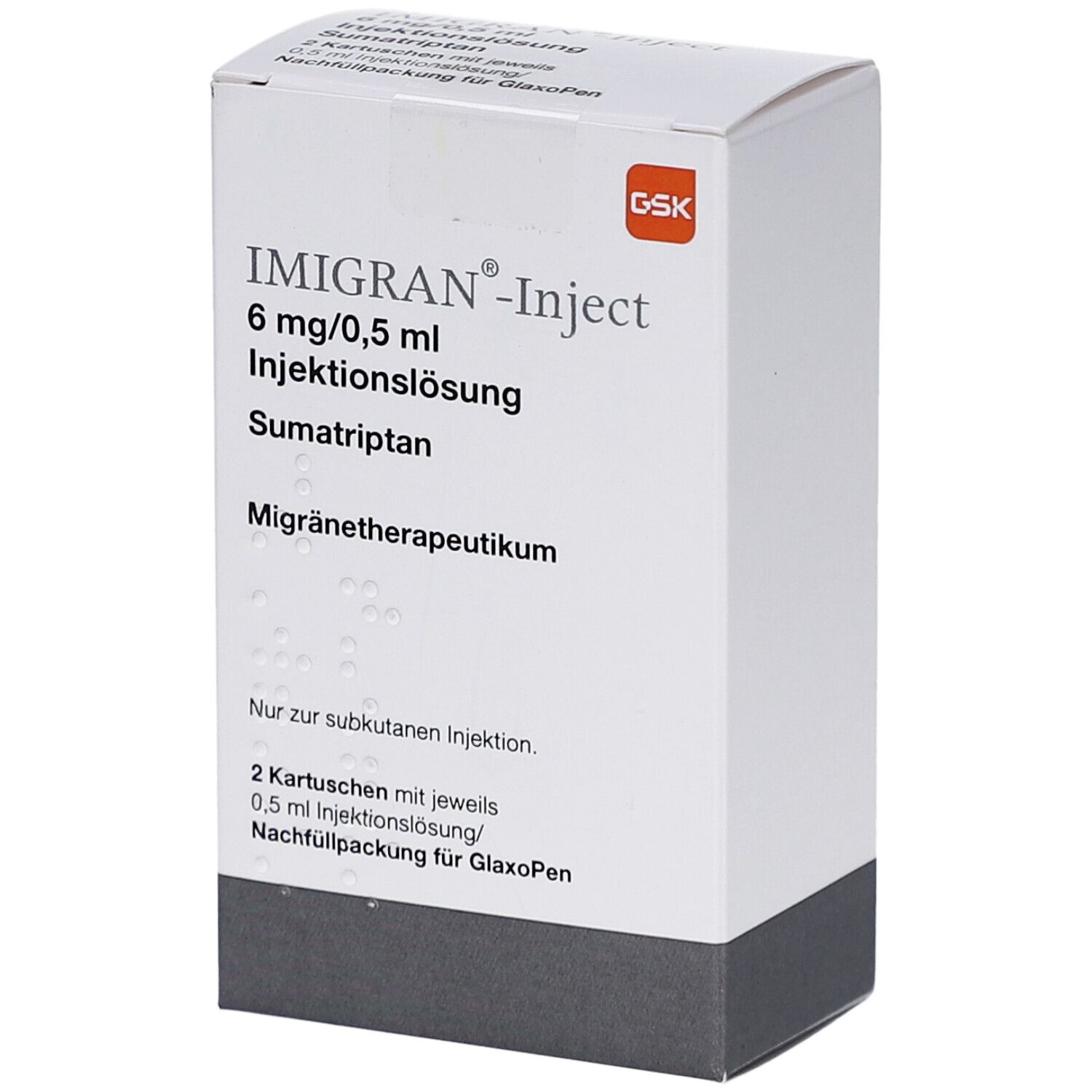 Weiße rechteckige Schachtel. Aufschrift: IMIGRAN-Inject, 6 mg/0,5 ml Injektionslösung, Sumatriptan, Migränetherapeutikum. GSK-Logo.