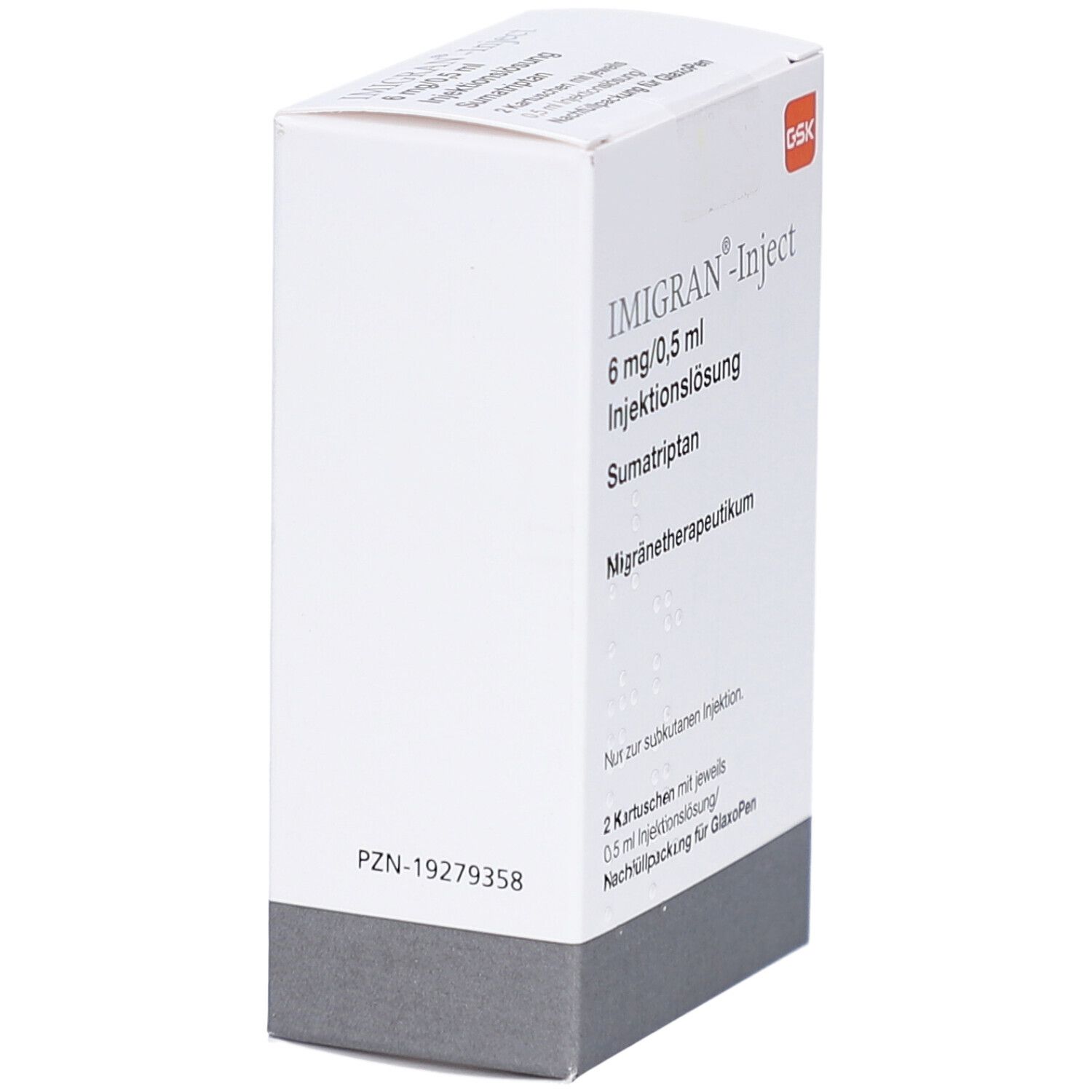 Weiße rechteckige Schachtel. Aufschrift: IMIGRAN-Inject, 6 mg/0,5 ml Injektionslösung. PZN-19279358. GSK-Logo. Seitenansicht.