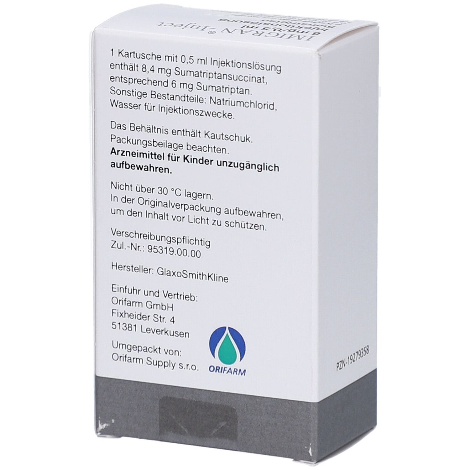 Weiße rechteckige Schachtel. Rückseite mit Text: Inhaltsstoffe, Hersteller, Vertrieb, Zul.-Nr. 95319.00.00. Orifarm-Logo.