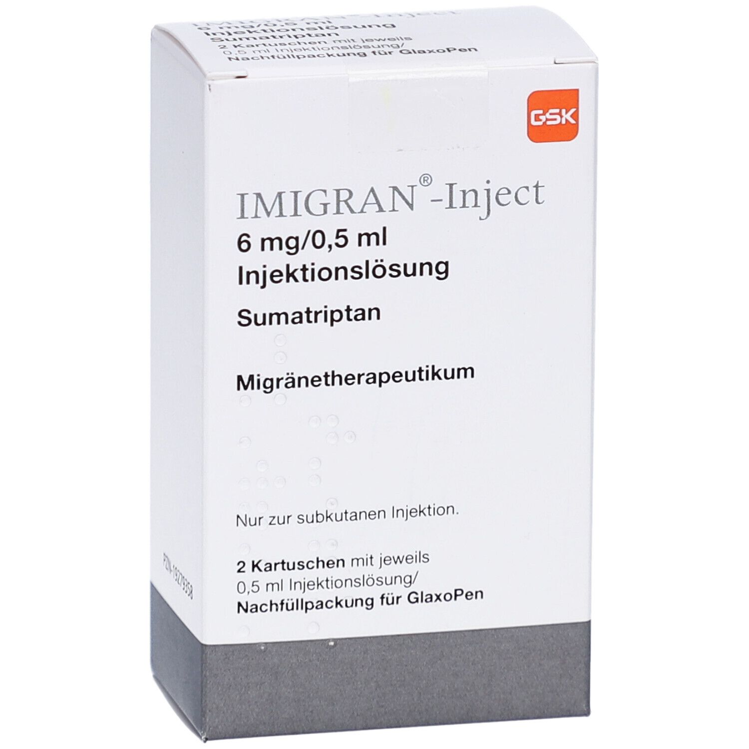 Weiße rechteckige Schachtel. Aufschrift: IMIGRAN-Inject, 6 mg/0,5 ml Injektionslösung, Sumatriptan, Migränetherapeutikum. GSK-Logo.