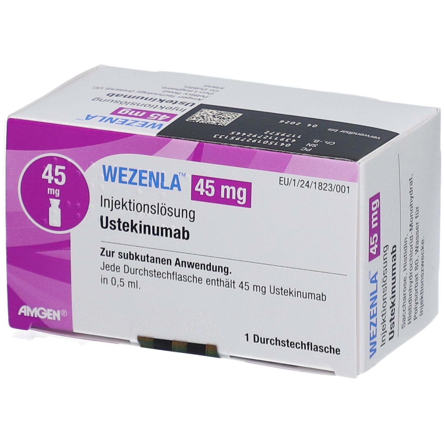 WEZENLA 45 mg Injektionslösung. Karton mit Produktinformationen und Logo. Enthält eine Durchstechflasche.