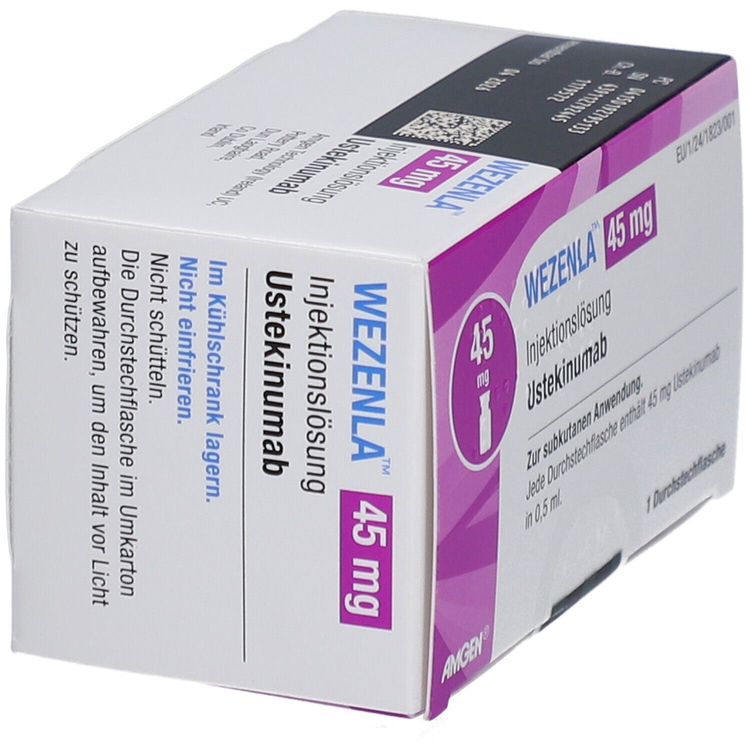WEZENLA 45 mg Injektionslösung. Schrägansicht der Verpackung mit Produktinformationen und Logo.