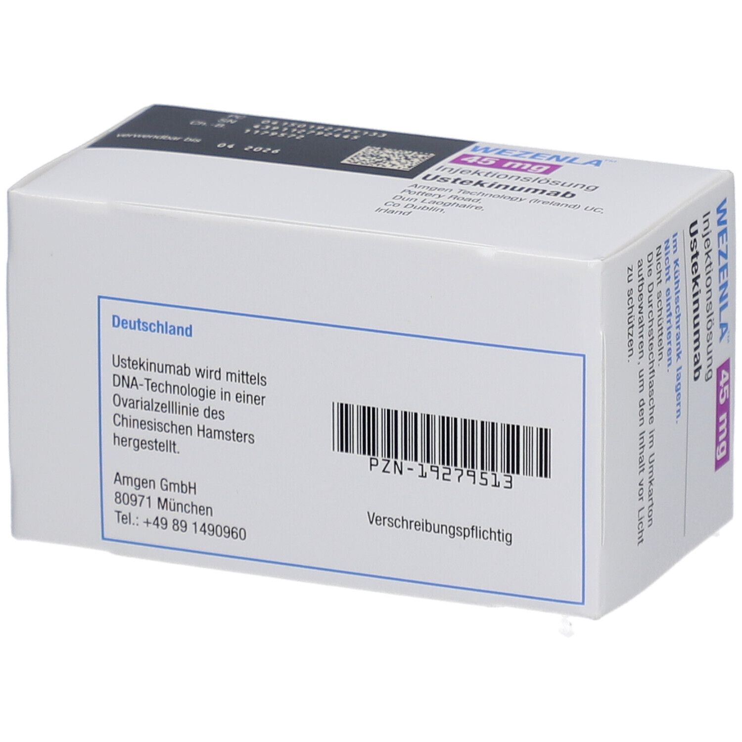 WEZENLA 45 mg Injektionslösung. Verpackung mit Produktinformationen, Barcode und Logo.