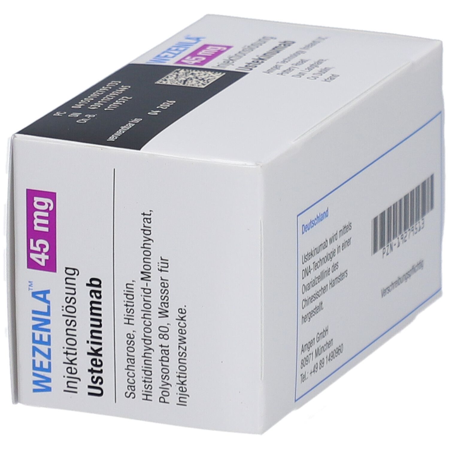WEZENLA 45 mg Injektionslösung. Schrägansicht der Verpackung mit Produktinformationen und Logo.
