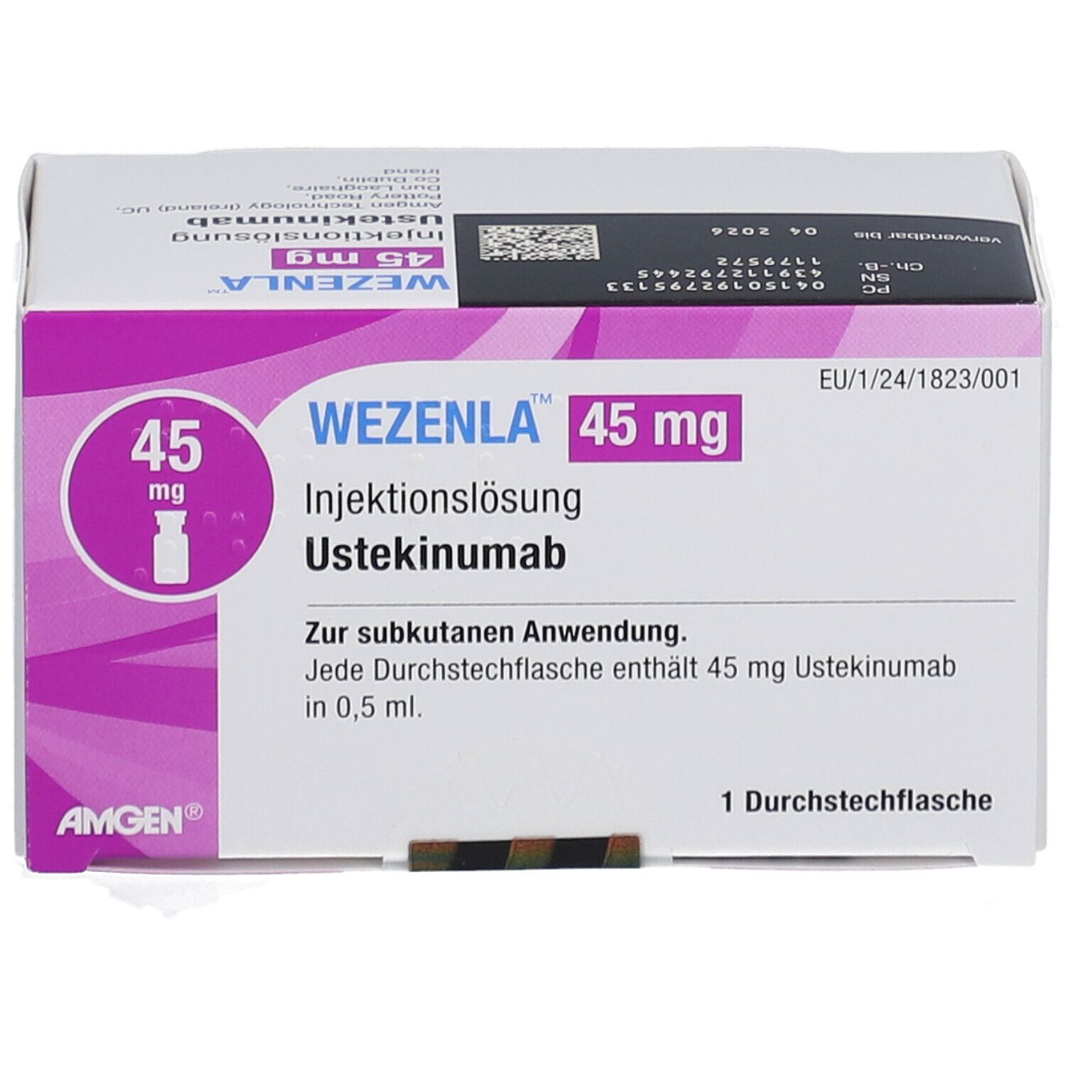 WEZENLA 45 mg Injektionslösung. Karton mit Produktinformationen, Logo und einer Durchstechflasche.