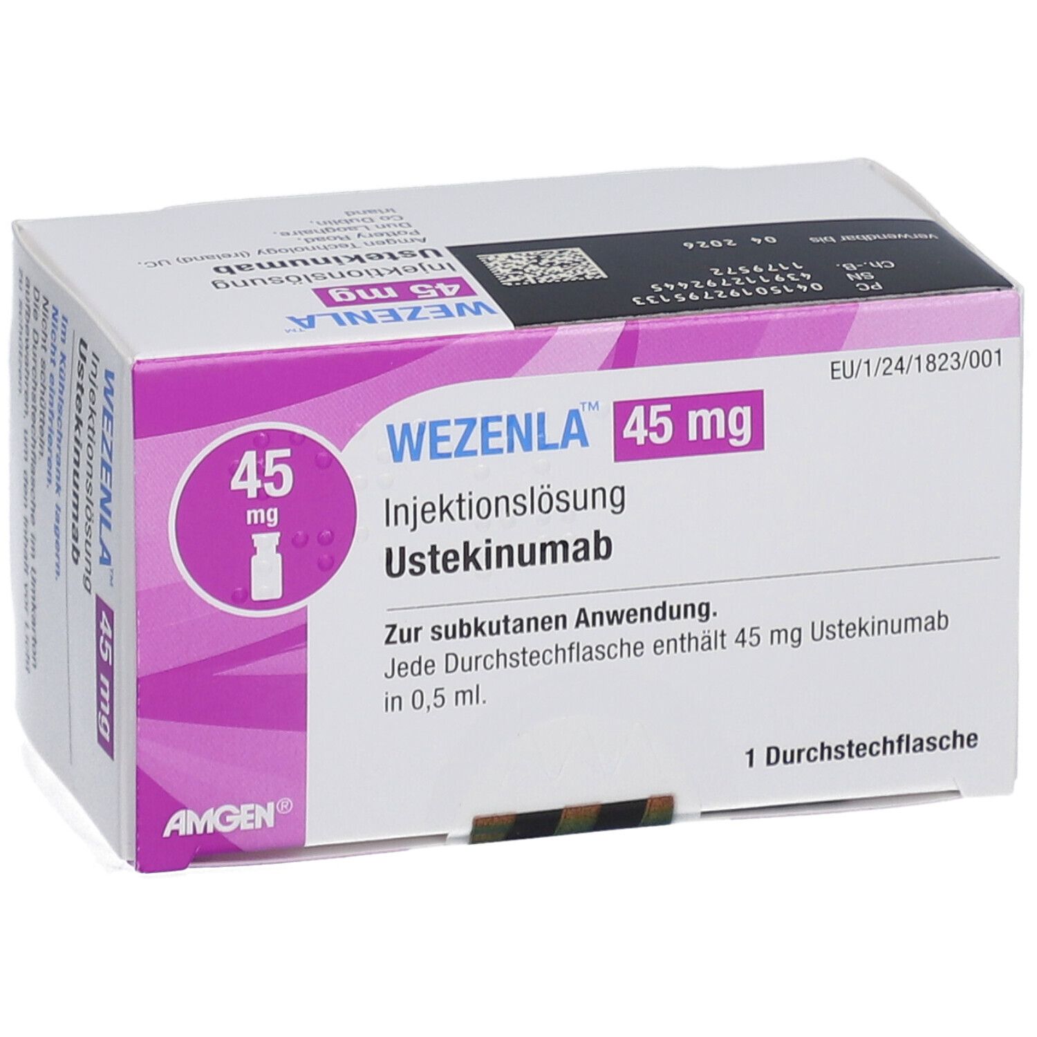 WEZENLA 45 mg Injektionslösung. Karton mit Produktinformationen, Logo und einer Durchstechflasche.