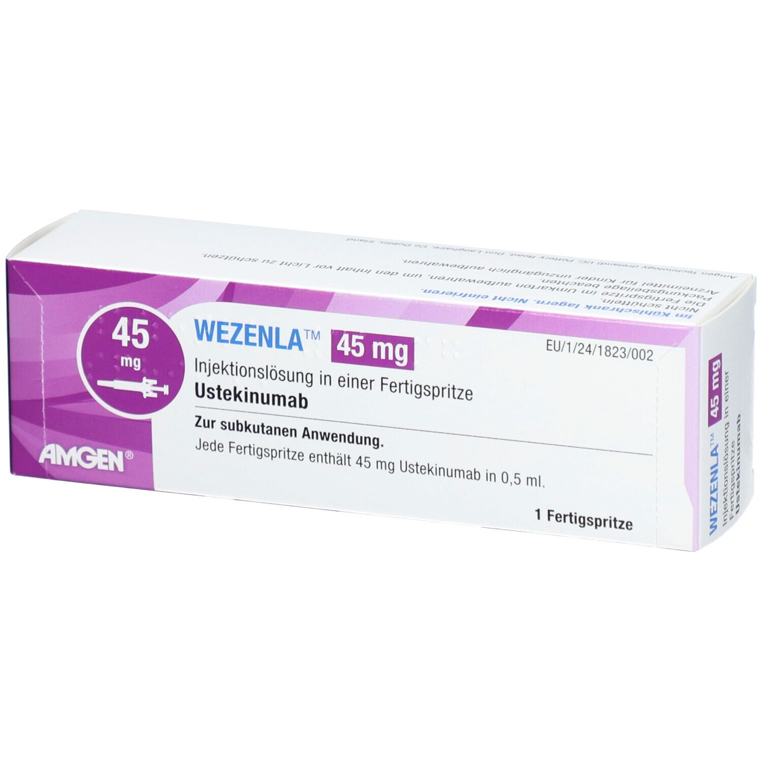 Schachtel mit WEZENLA 45 mg Injektionslösung. Lila und weiße Verpackung mit Produktinformationen und AMGEN-Logo.