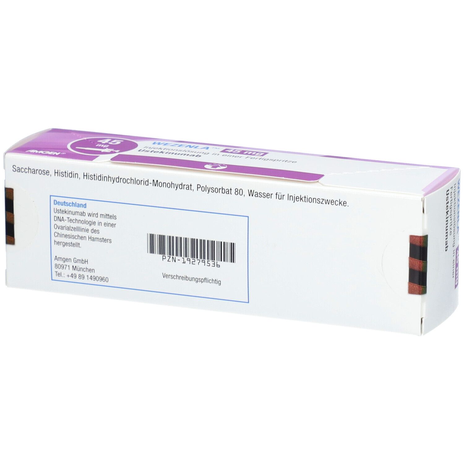 Rückseite der WEZENLA 45 mg Schachtel. Weiße Verpackung mit Produktinformationen, Barcode und Herstelleradresse.