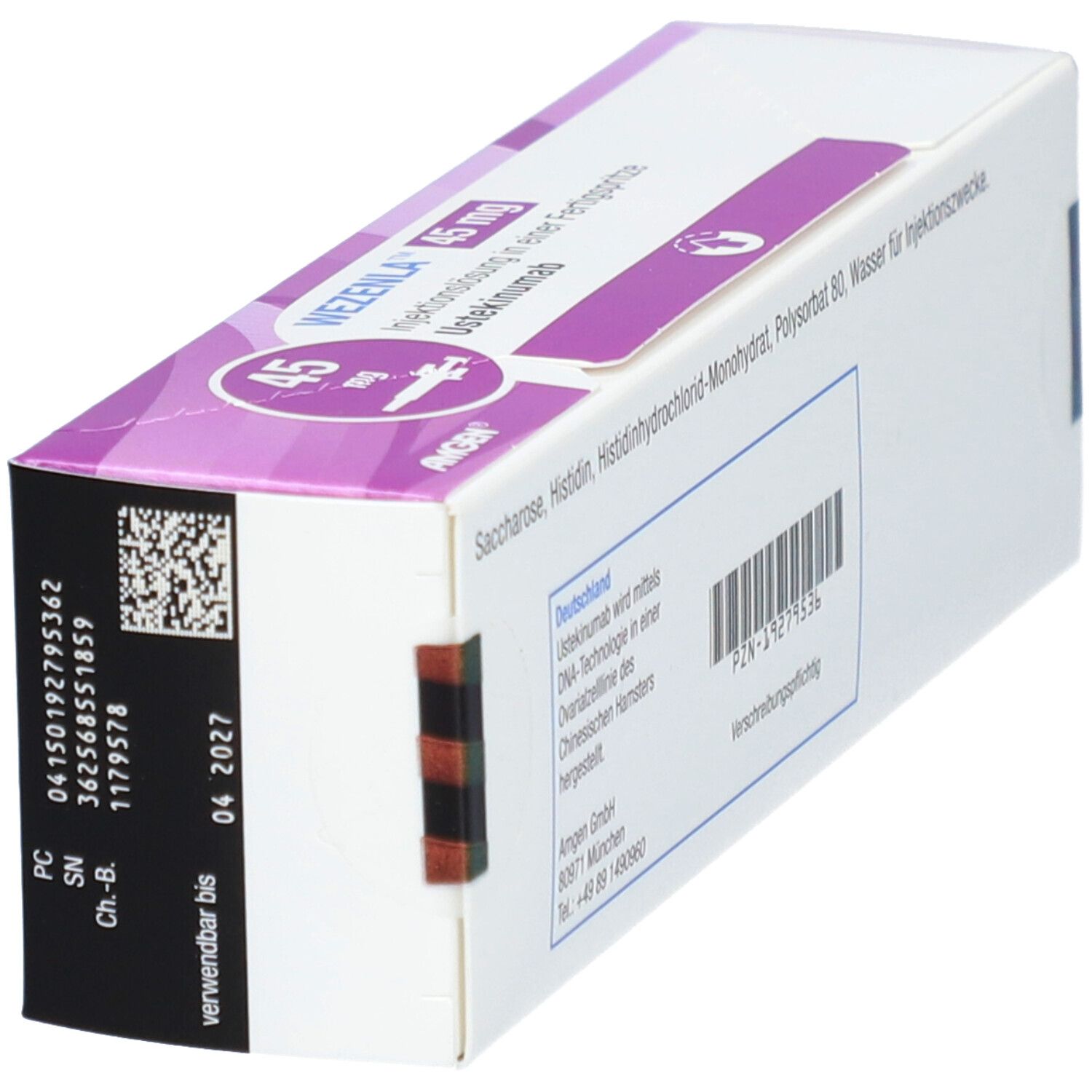 Seitenansicht der WEZENLA 45 mg Schachtel. Weiße Verpackung mit lila Akzenten, Chargennummer, Verfallsdatum und Barcode.