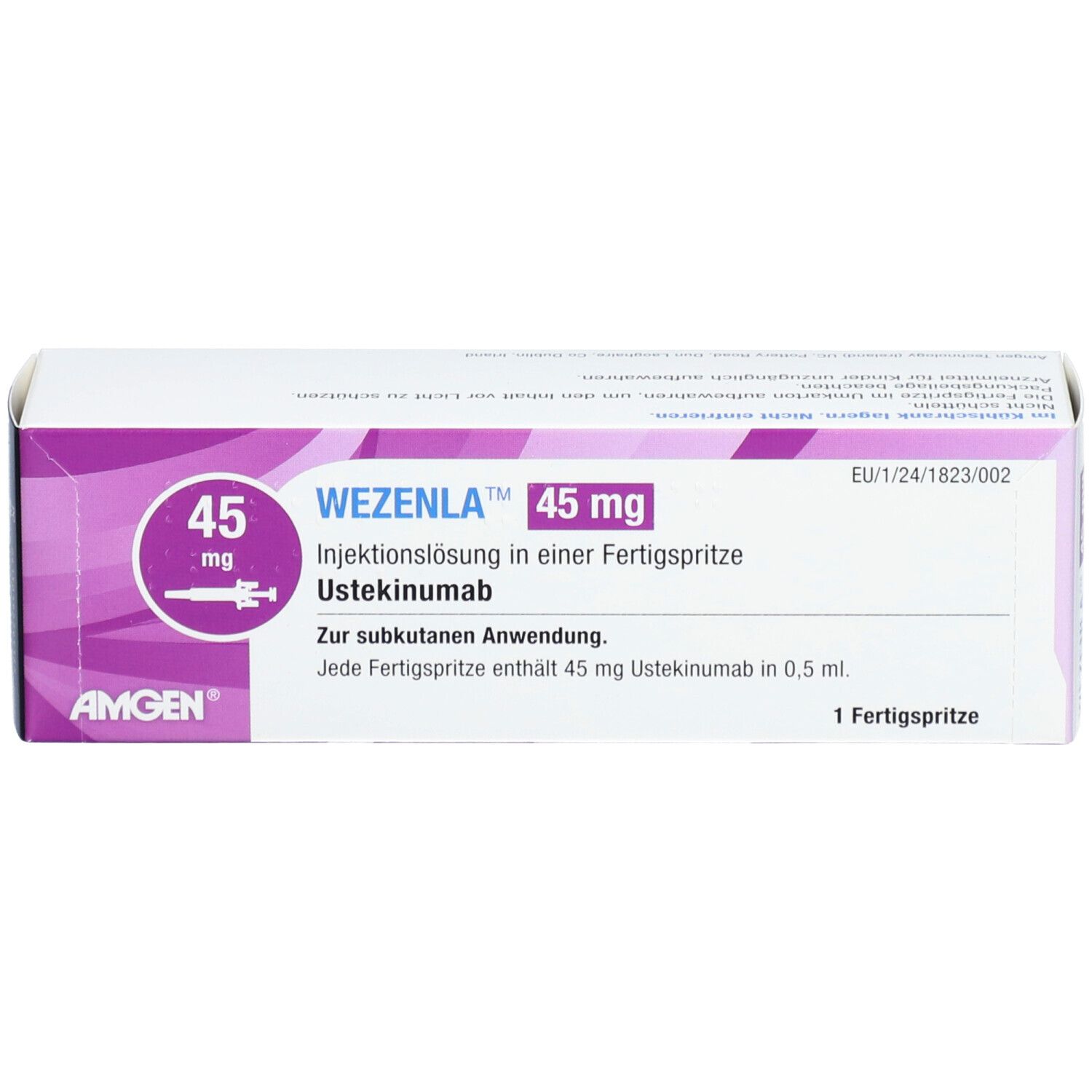 WEZENLA 45 mg Schachtel. Weiße Verpackung mit lila Akzenten, Produktname, Dosierung und AMGEN-Logo.