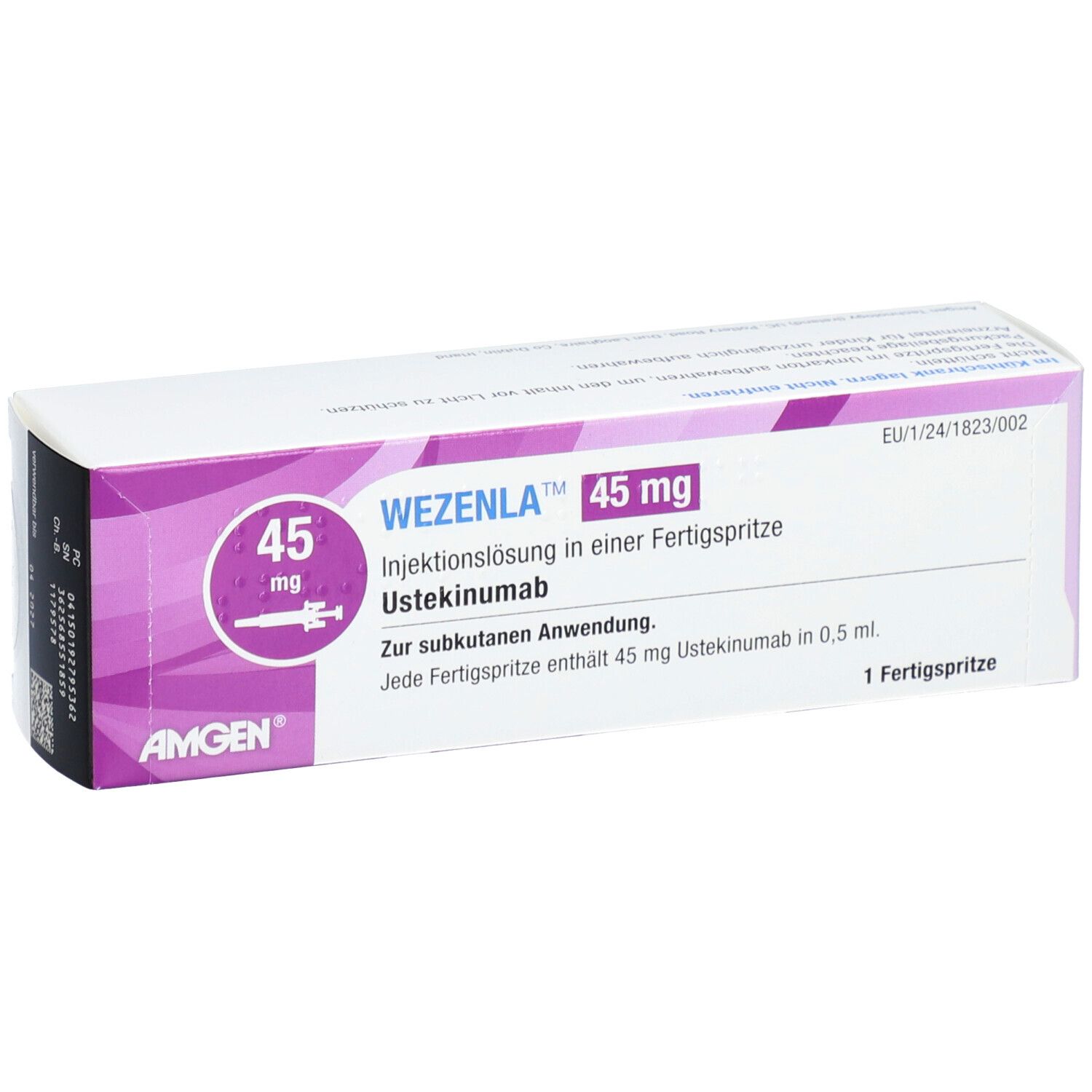 WEZENLA 45 mg Schachtel. Weiße Verpackung mit lila Akzenten, Produktname, Dosierung und AMGEN-Logo.