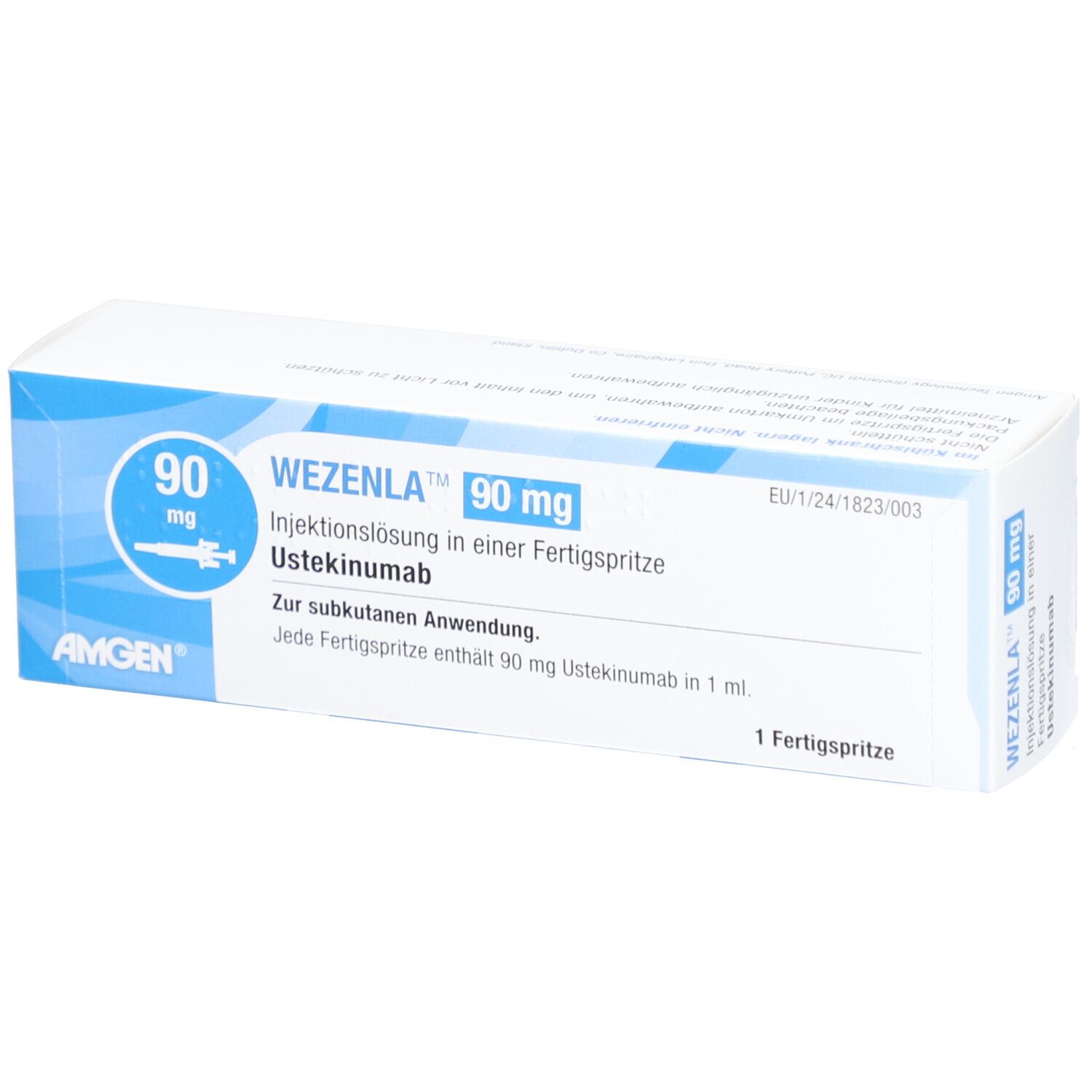 Verpackung von WEZENLA 90 mg Injektionslösung. Enthält eine Fertigspritze. Aufschrift: AMGEN, 90 mg, Ustekinumab.