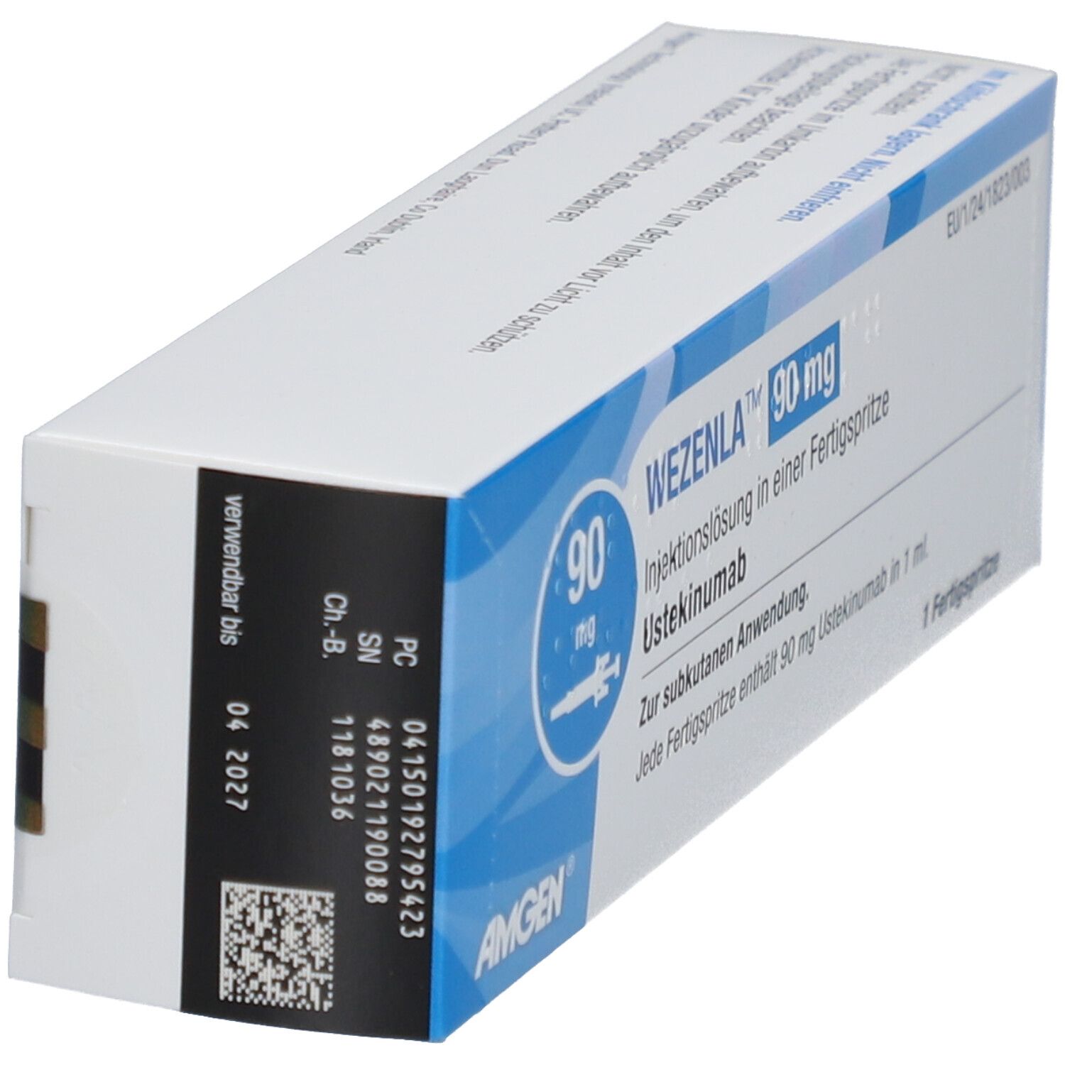 Verpackung von WEZENLA 90 mg. Seitenansicht mit Chargennummer, Verfallsdatum und Barcode. Aufschrift: AMGEN.