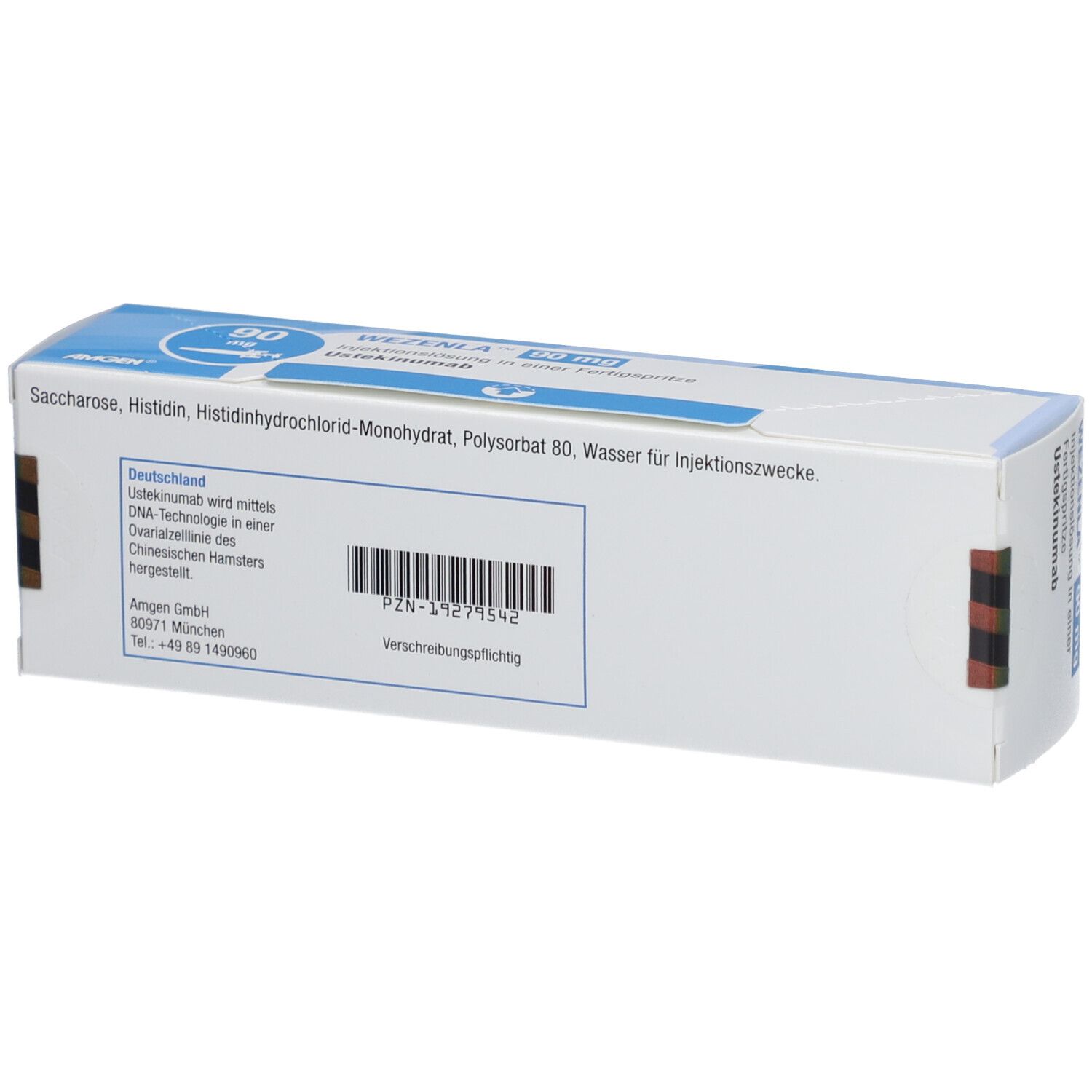 Rückseite der WEZENLA 90 mg Verpackung. Enthält Informationen zu Inhaltsstoffen und Hersteller. Barcode.