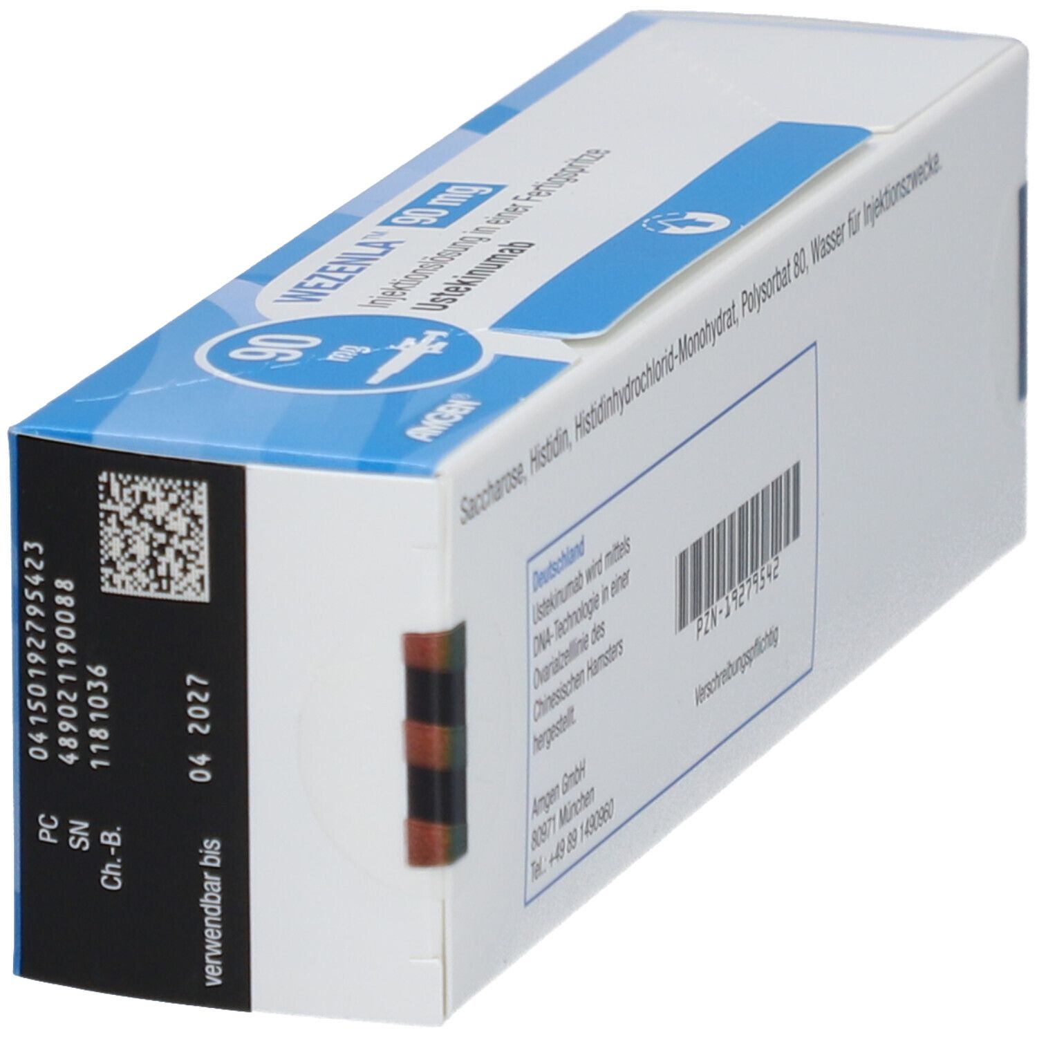 Seitenansicht der WEZENLA 90 mg Verpackung. Chargennummer, Verfallsdatum und Barcode. Aufschrift: AMGEN.