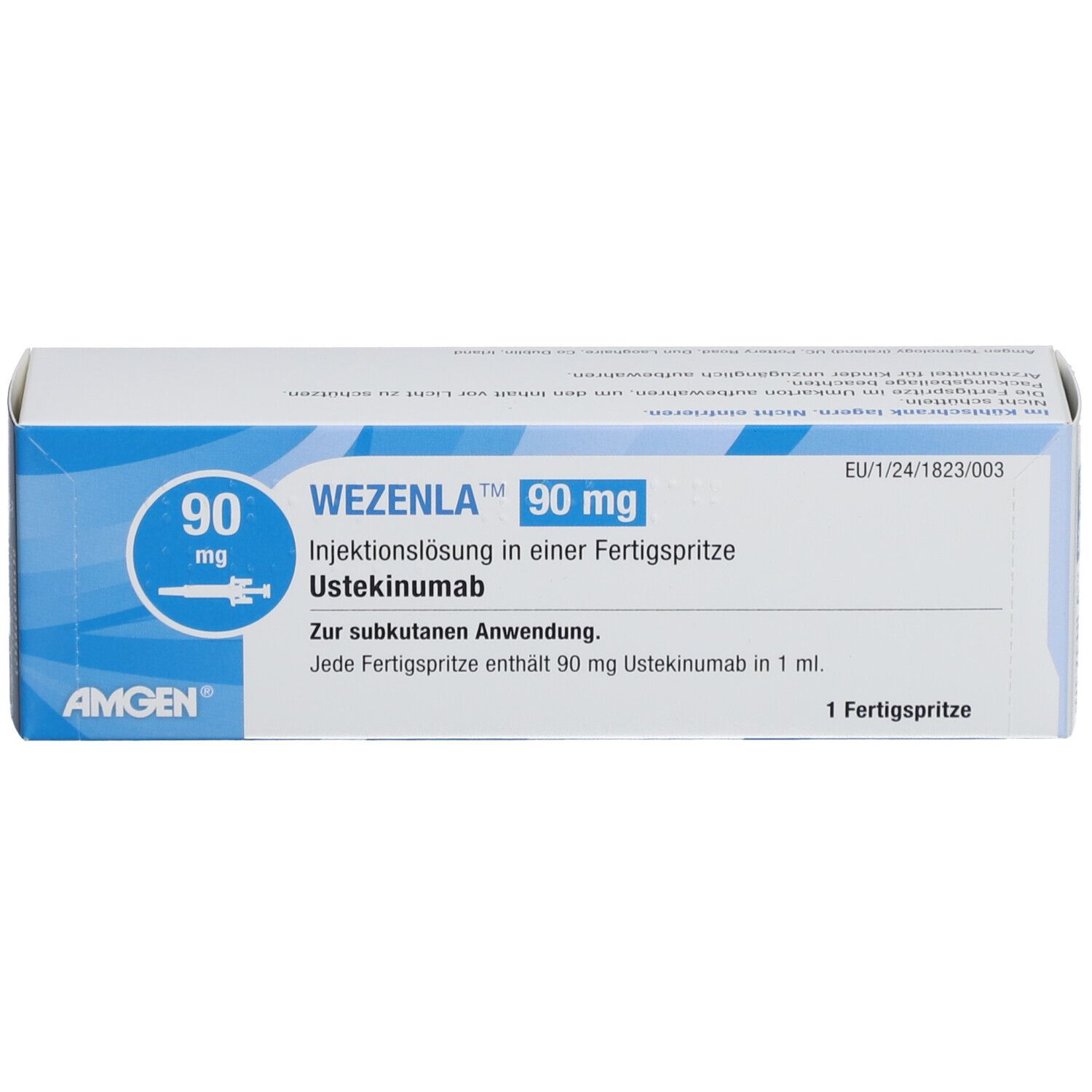 WEZENLA 90 mg Verpackung. Enthält eine Fertigspritze. Aufschrift: AMGEN, 90 mg, Ustekinumab.