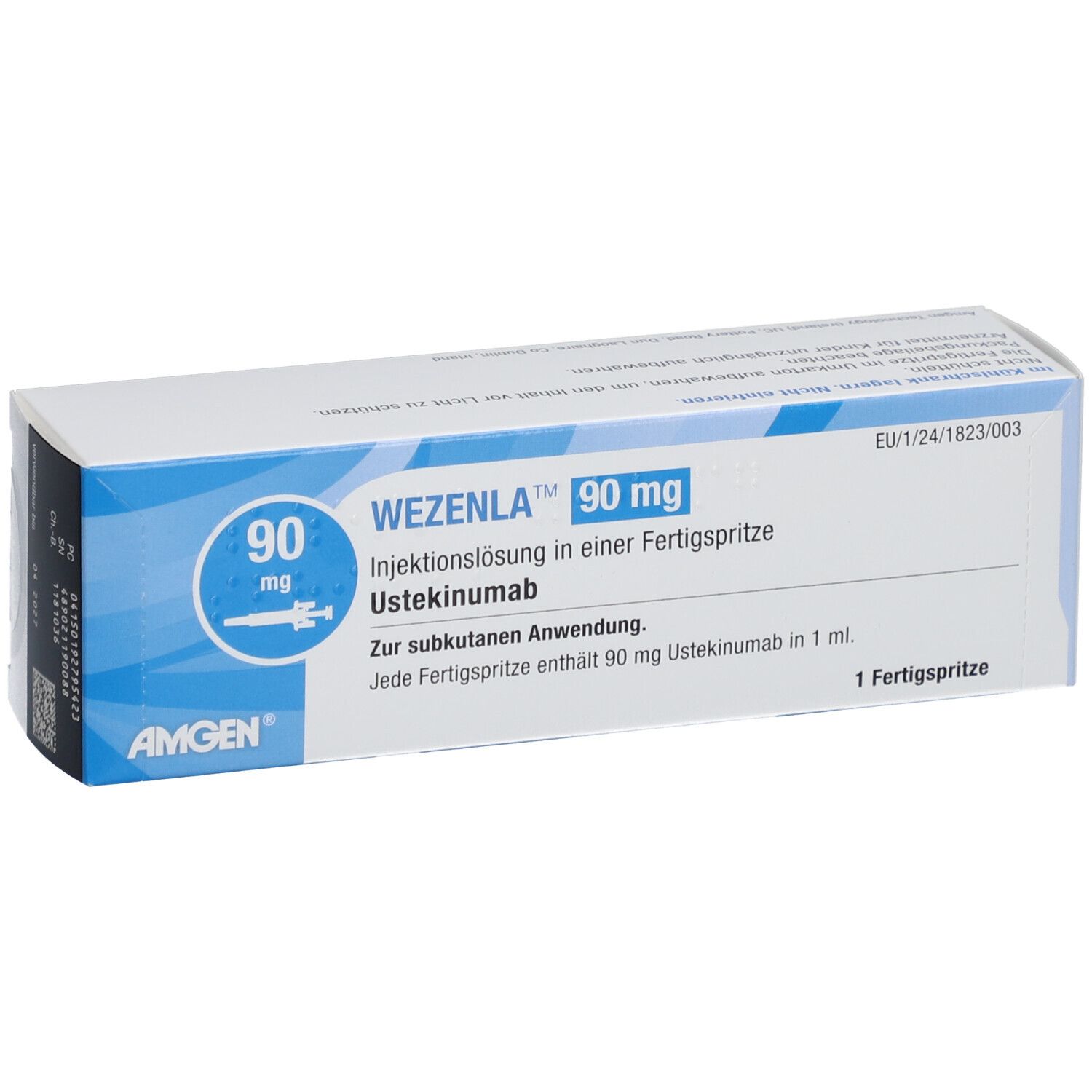 WEZENLA 90 mg Verpackung. Enthält eine Fertigspritze. Aufschrift: AMGEN, 90 mg, Ustekinumab.