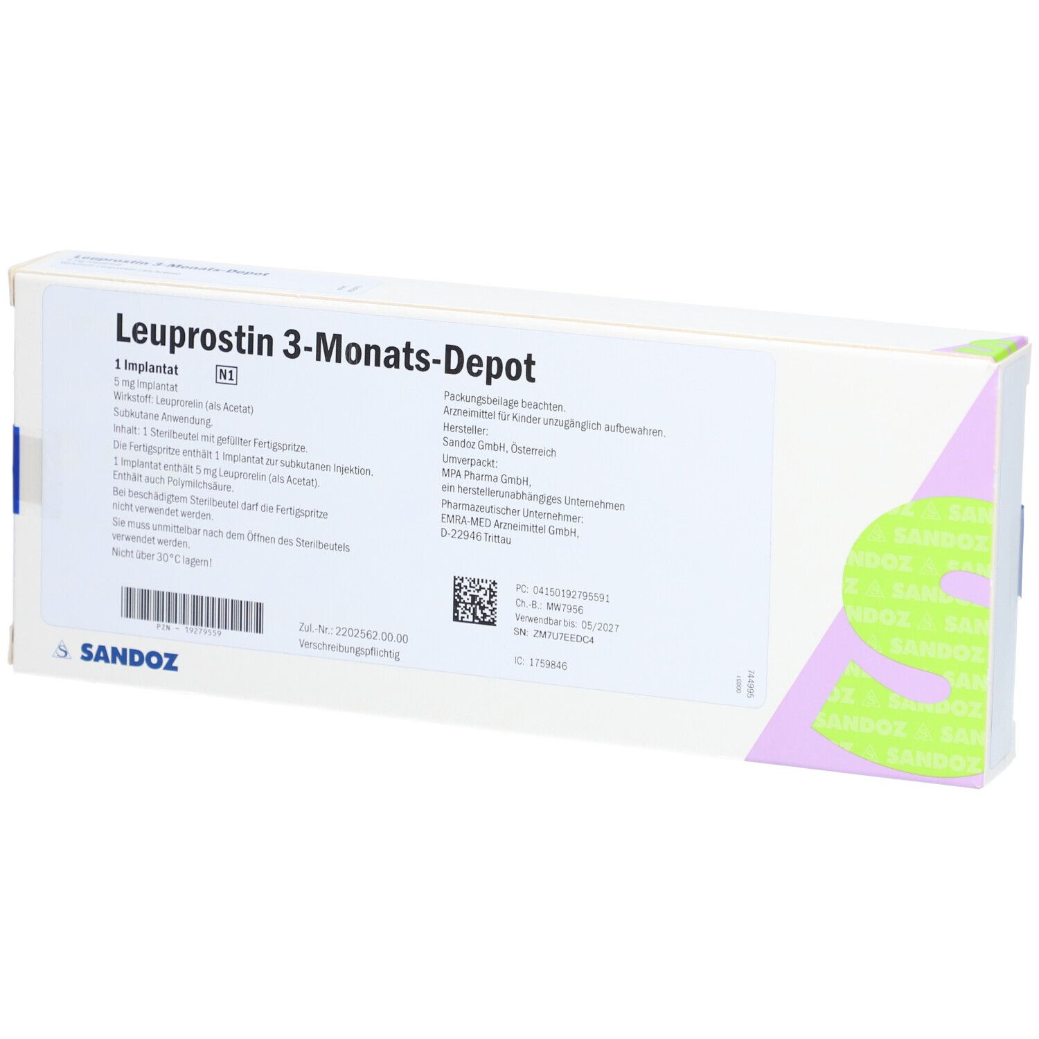 Verpackung von Leuprostin 3-Monats-Depot. Weißer Karton mit Produktnamen und Sandoz-Logo. Enthält 1 Implantat.