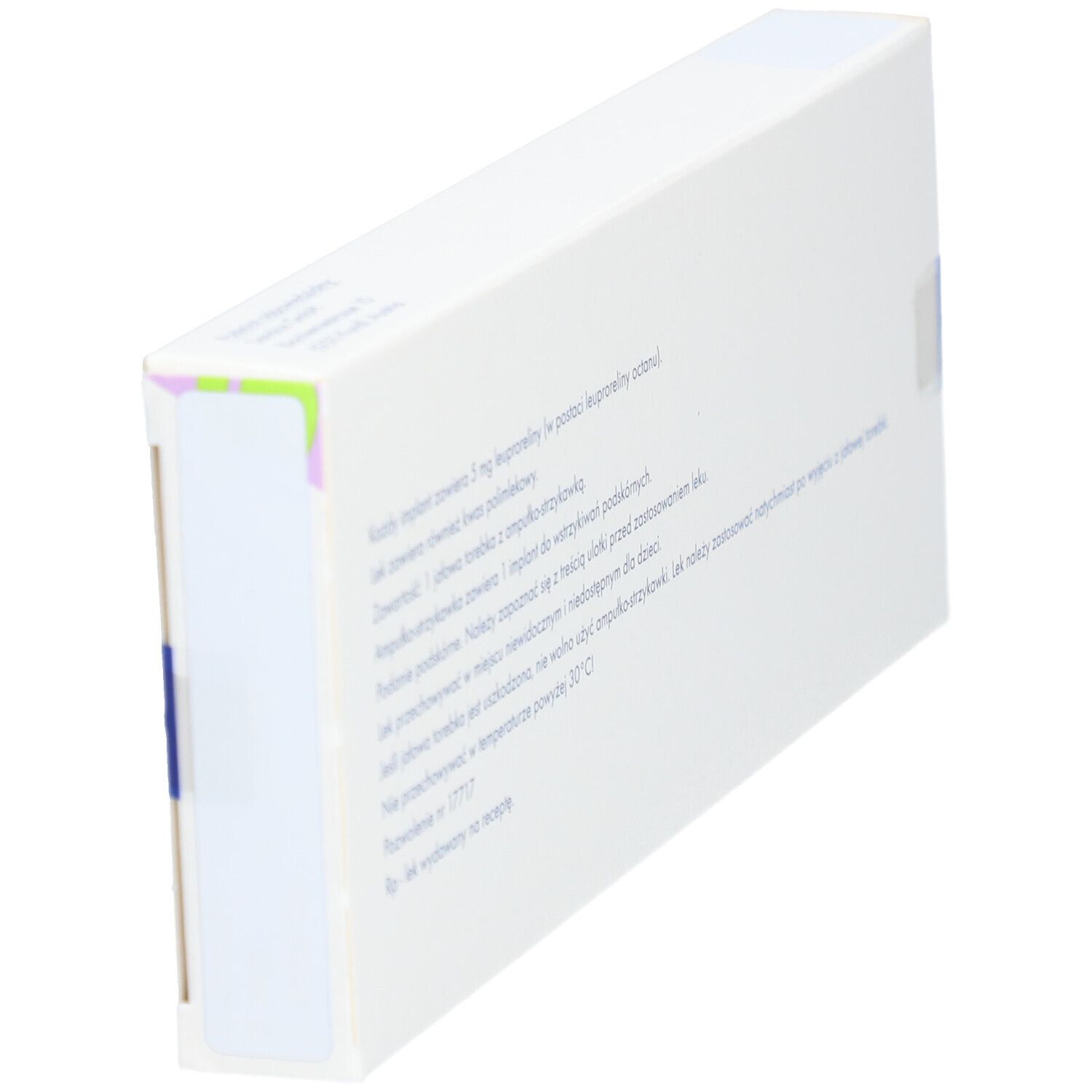 Schrägansicht der Rückseite der Leuprostin 3-Monats-Depot Verpackung. Weißer Karton mit Text.