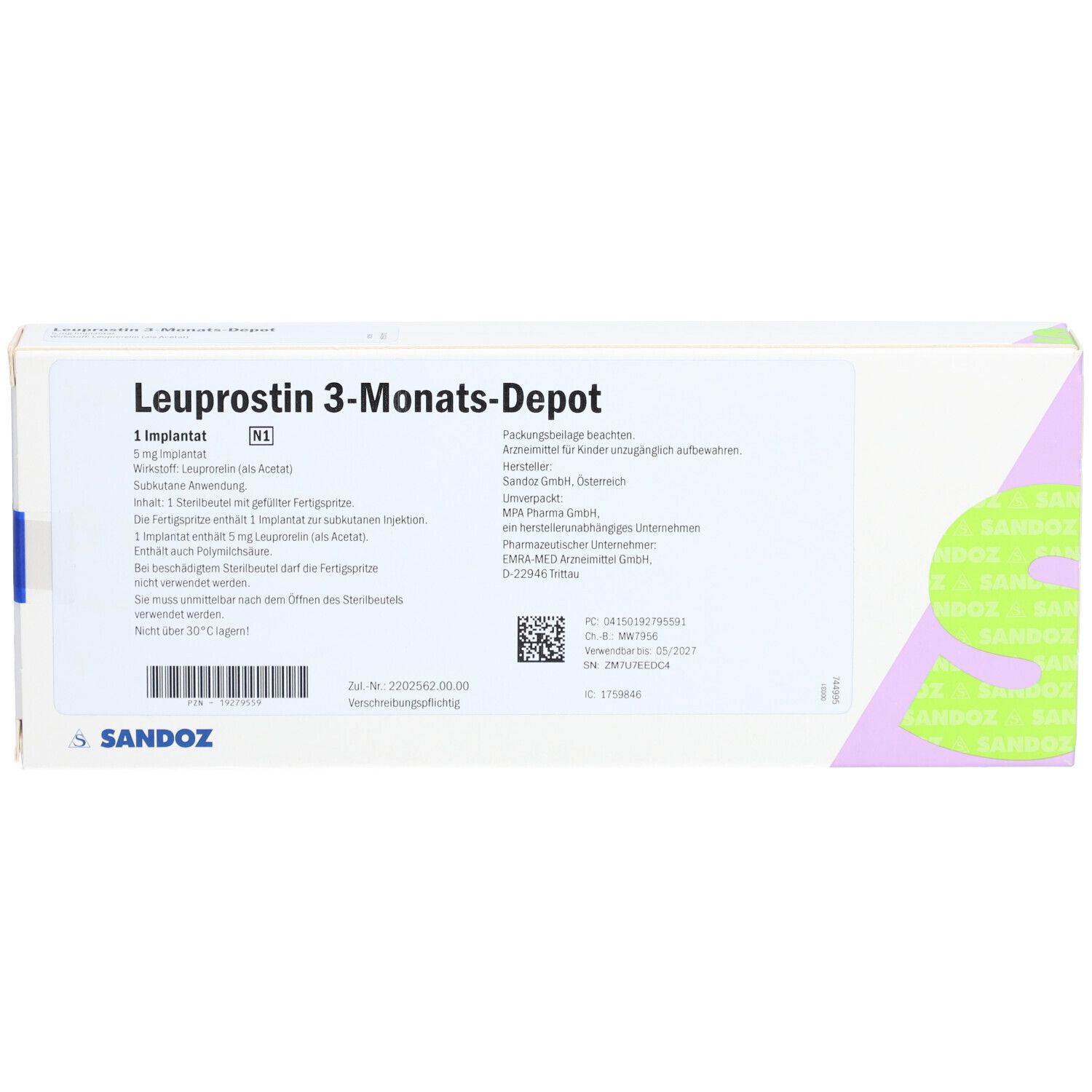 Leuprostin 3-Monats-Depot Verpackung. Weißer Karton mit Produktnamen und Sandoz-Logo. Enthält 1 Implantat.