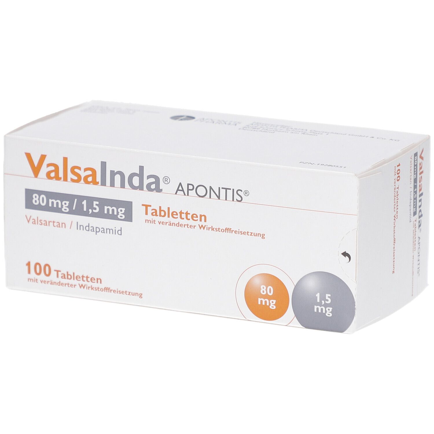 Weiße Tablettenbox mit Aufschrift Valsainda Apontis 80 mg/1,5 mg. 100 Tabletten. Orange und graue Kreise mit Dosierungsangaben.