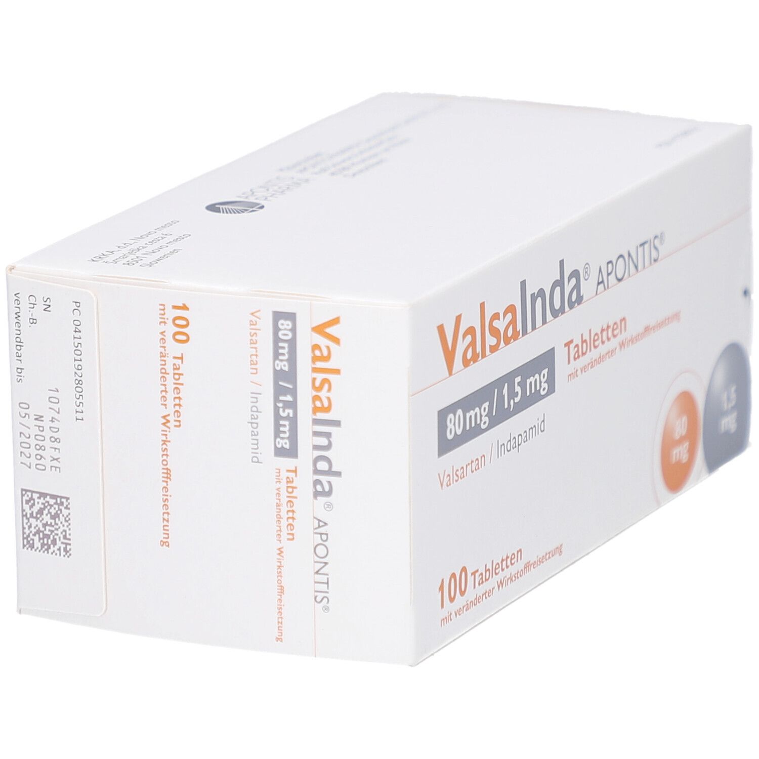 Tablettenbox Valsainda Apontis 80 mg/1,5 mg. Aufschrift und Dosierungsangaben. 100 Tabletten. Weiße Verpackung.