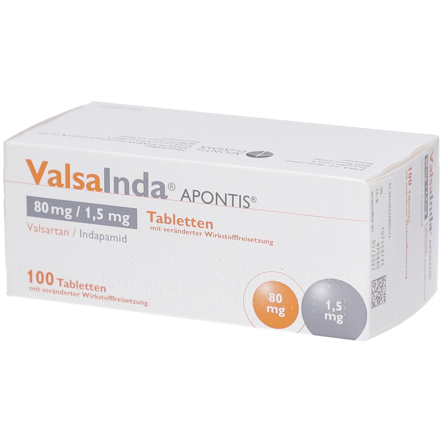 Weiße Tablettenbox Valsainda Apontis 80 mg/1,5 mg. 100 Tabletten. Orange und graue Kreise mit Dosierungsangaben. Verpackung.