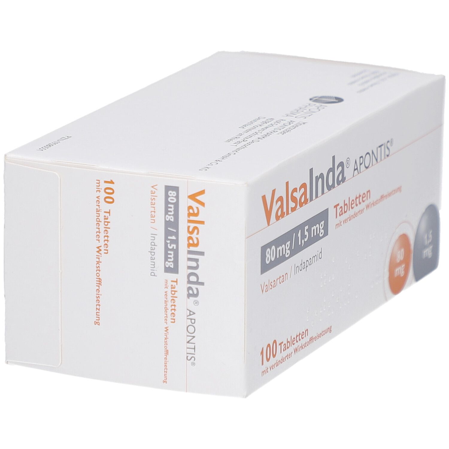 Tablettenbox Valsainda Apontis 80 mg/1,5 mg. 100 Tabletten. Weiße Verpackung. Orange und graue Kreise mit Dosierungsangaben.