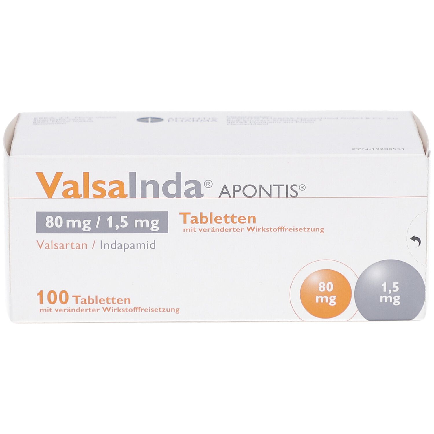 Weiße Tablettenbox Valsainda Apontis 80 mg/1,5 mg. 100 Tabletten. Orange und graue Kreise mit Dosierungsangaben. Verpackung.