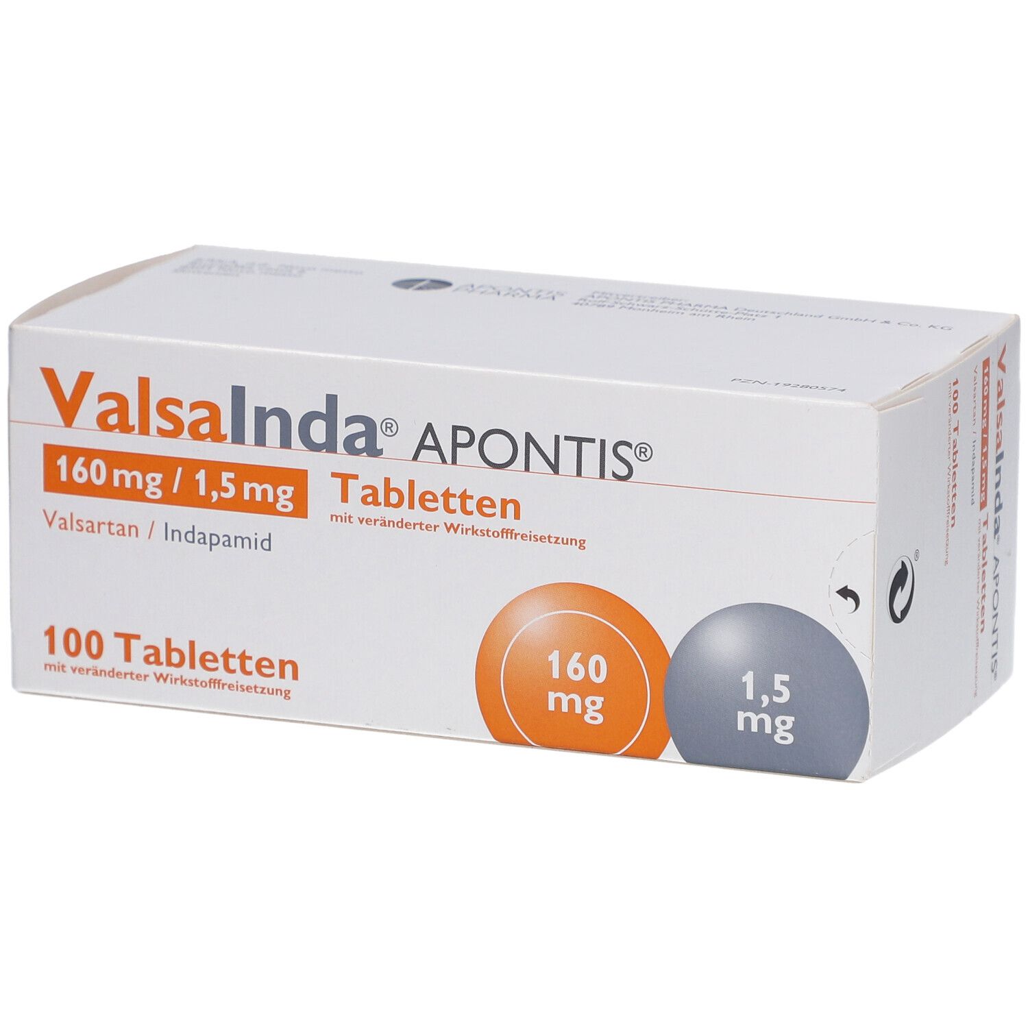 Weißer Karton mit Aufschrift Valsainda APONTIS, 160 mg/1,5 mg Tabletten. 100 Tabletten. Orange und graue Kreise.