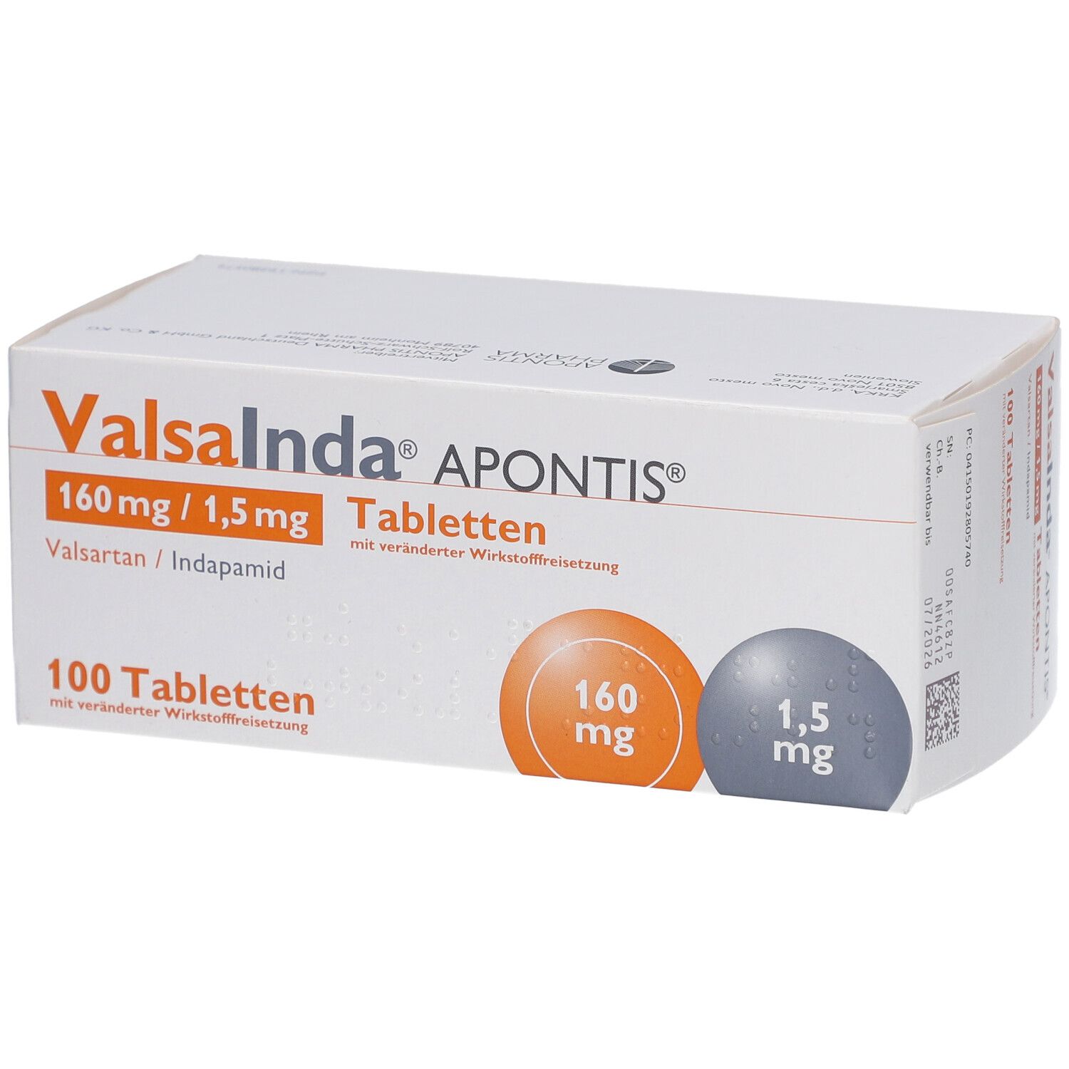 Weißer Karton Valsainda APONTIS, 160 mg/1,5 mg Tabletten. 100 Tabletten. Orange und graue Kreise.