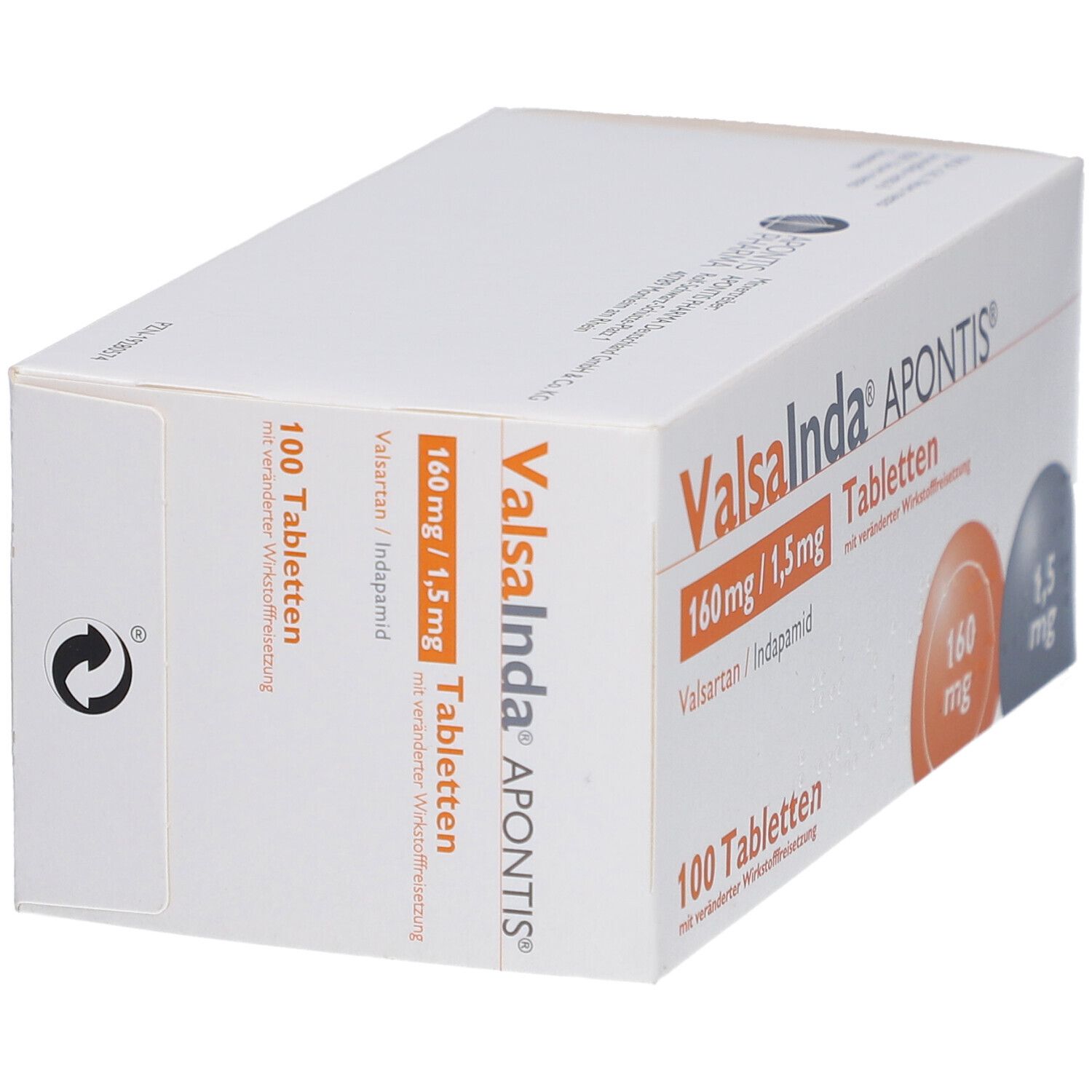 Weißer Karton Valsainda APONTIS, 160 mg/1,5 mg Tabletten. 100 Tabletten. Schrägansicht.