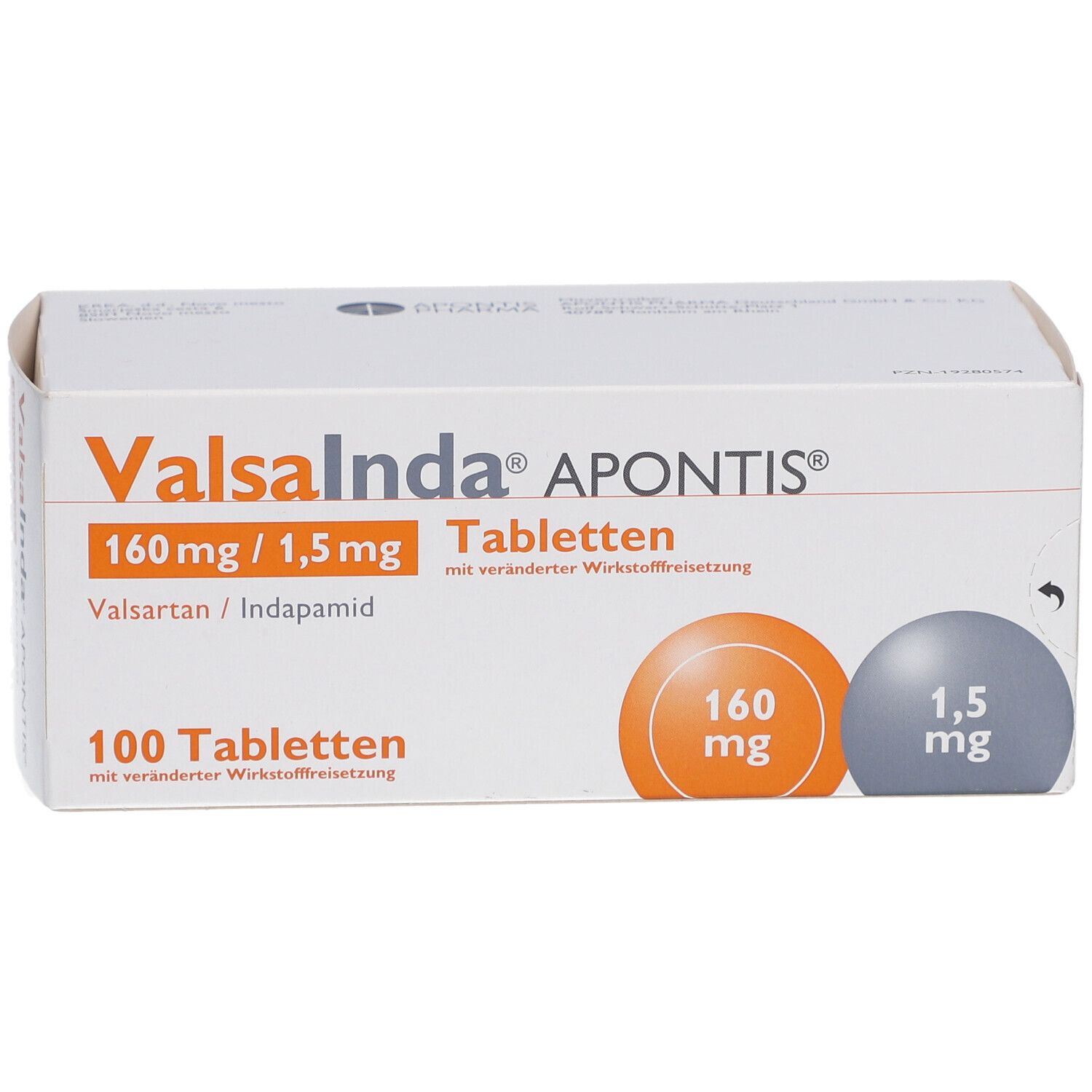 Weißer Karton Valsainda APONTIS, 160 mg/1,5 mg Tabletten. 100 Tabletten. Orange und graue Kreise.