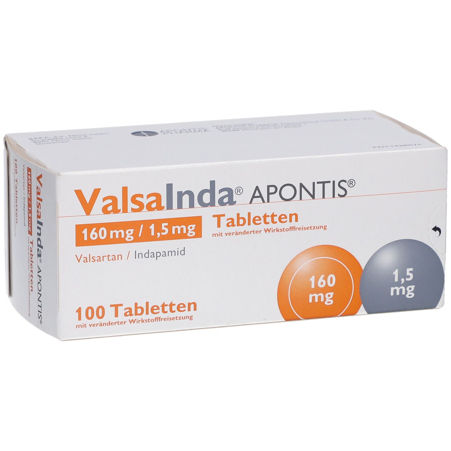 Weißer Karton Valsainda APONTIS, 160 mg/1,5 mg Tabletten. 100 Tabletten. Orange und graue Kreise.
