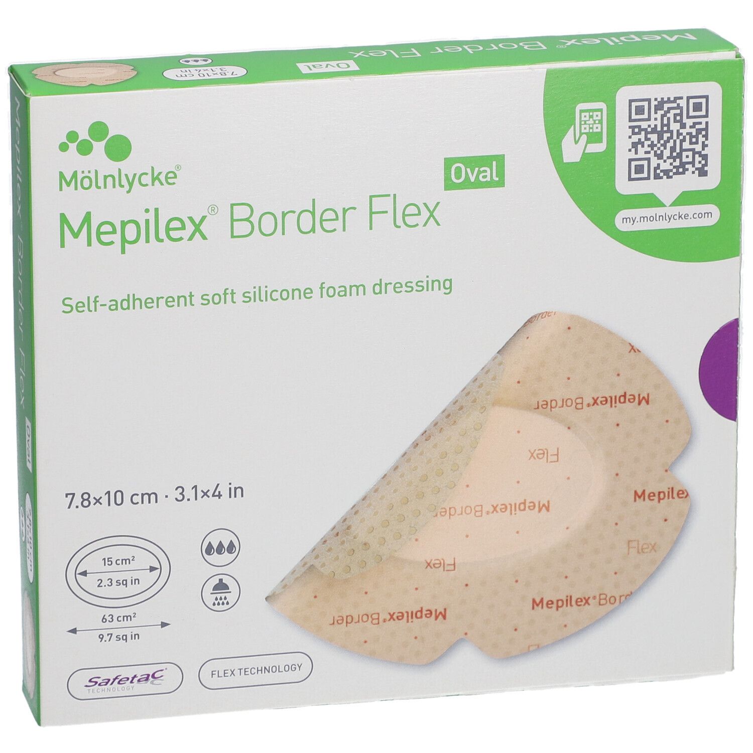 Mepilex® Border Flex Oval 7,8 x 10 cm - Self-adherent soft silicone foam dressing