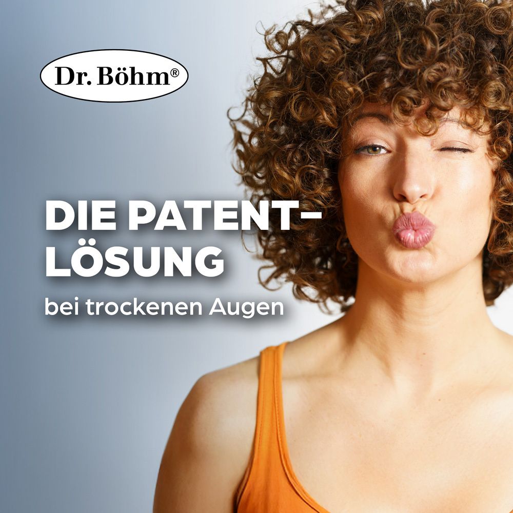 Frau mit orangefarbenem Oberteil. Text: DIE PATENT-LÖSUNG bei trockenen Augen.