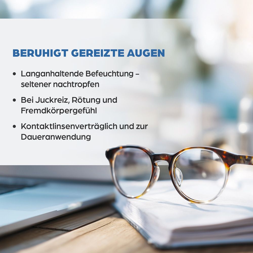 Brille auf Buch. Text: BERUHIGT GEREIZTE AUGEN. Langanhaltende Befeuchtung. Kontaktlinsenverträglich.